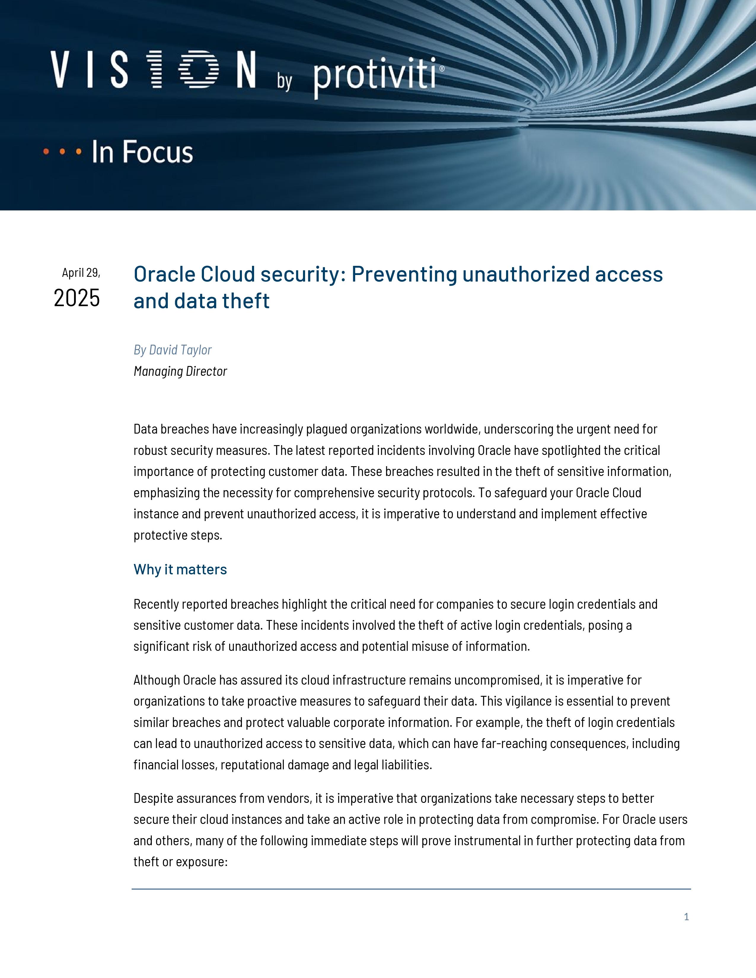 screenshot of the first page of Oracle Cloud Security Preventing Unauthorized Access and Data Theft