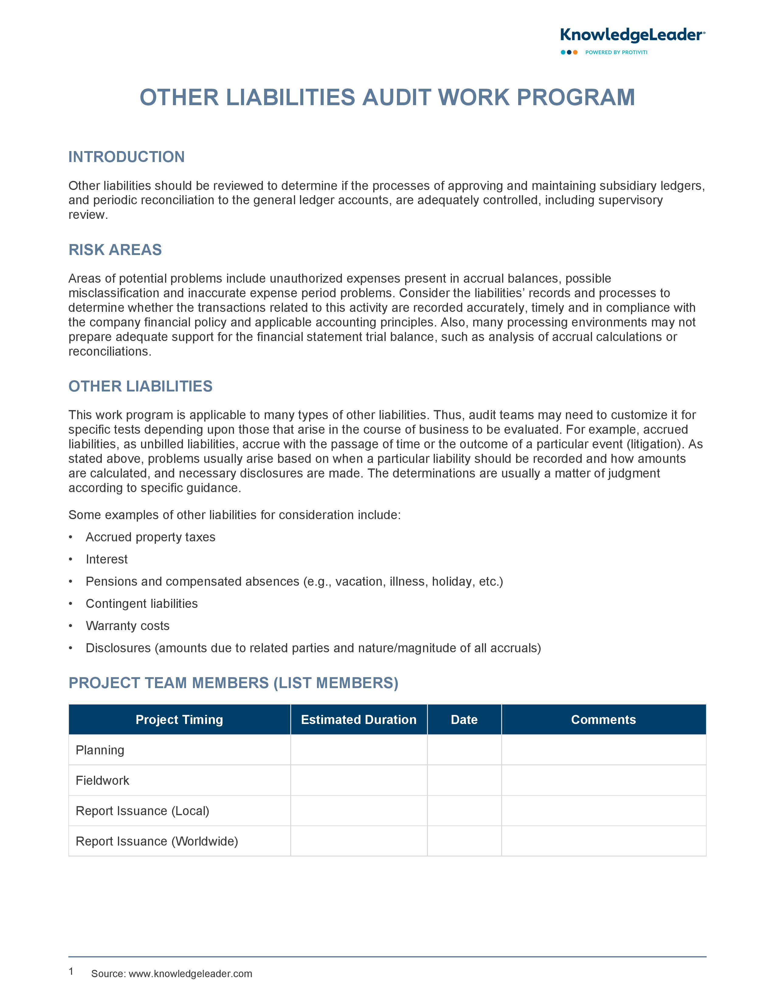 screenshot of the first page of Other Liabilities Audit Work Program