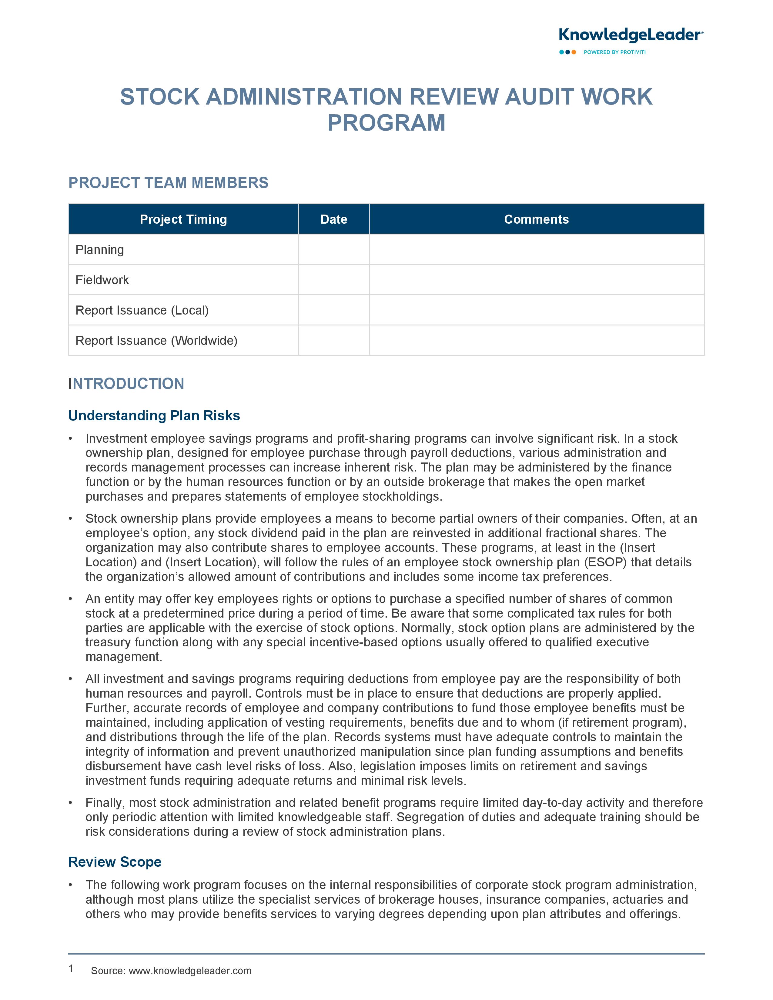 screenshot of the first page of Stock Administration Review