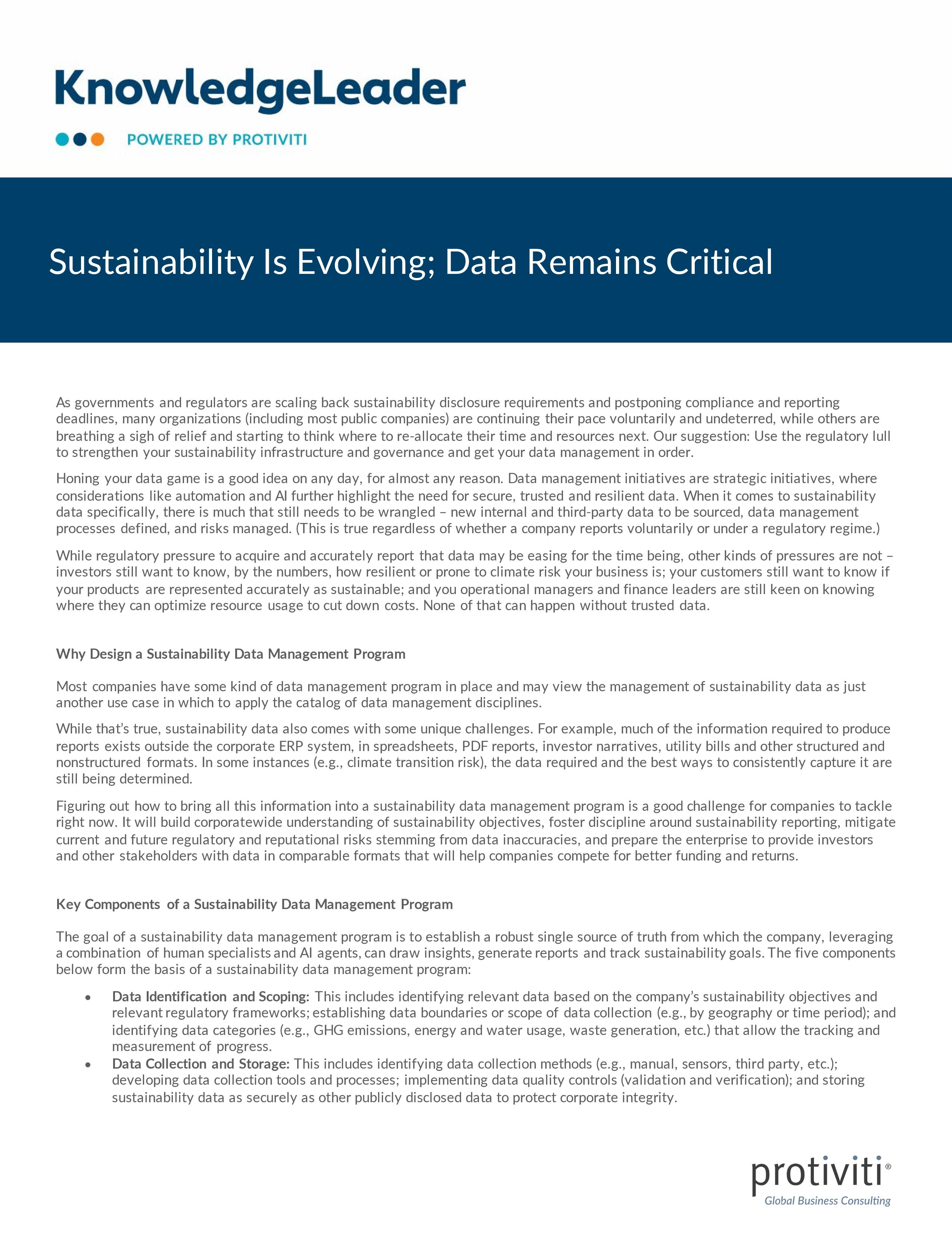 screenshot of the first page of Sustainability Is Evolving; Data Remains Critical