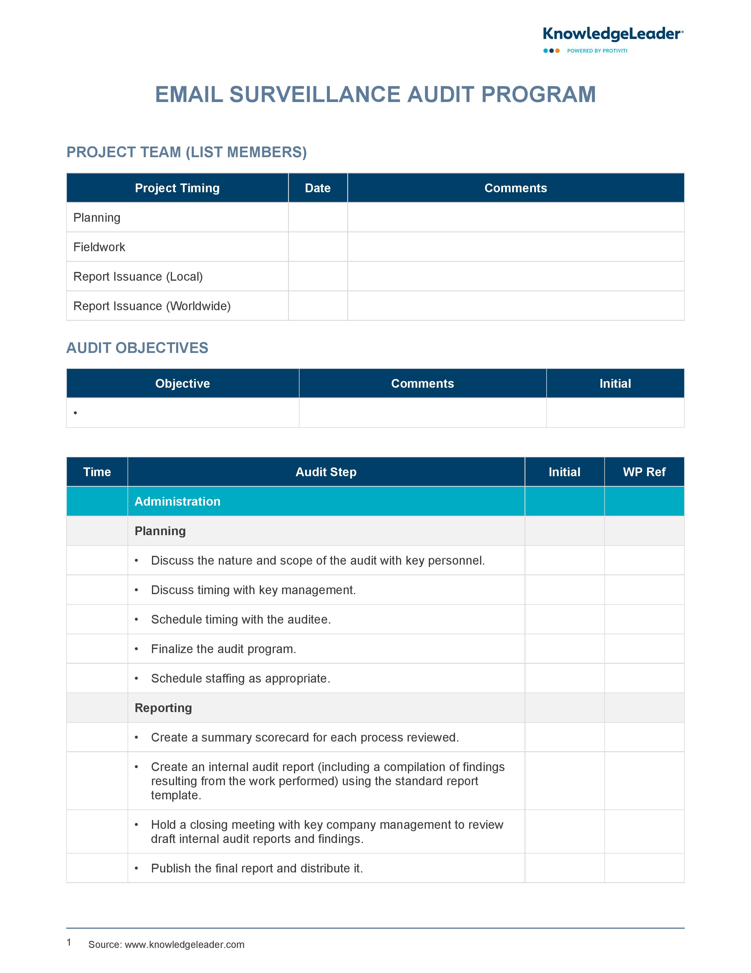 screenshot of the first page of Email Surveillance Audit Program