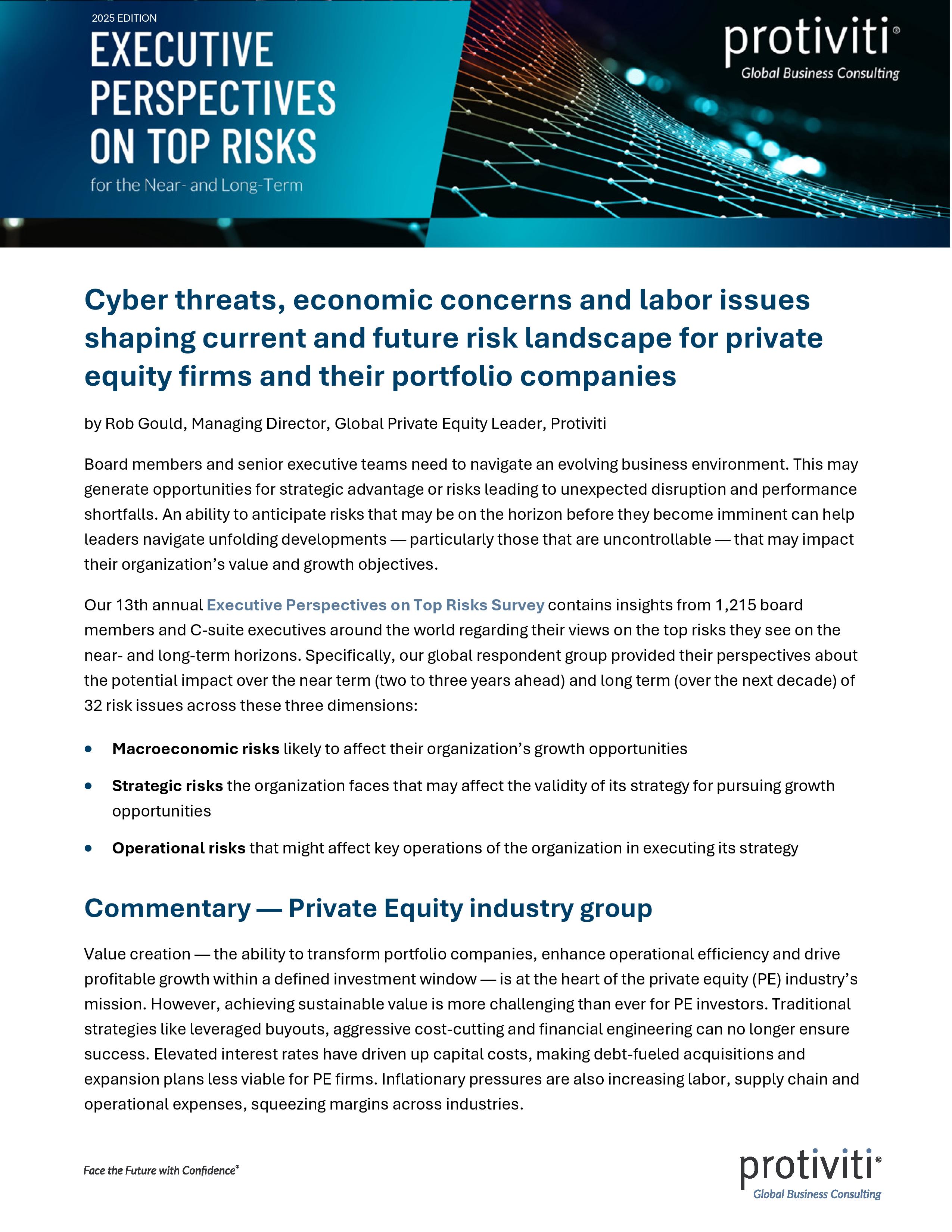 screenshot of the first page of Executive Perspectives on Top Risks for the Near- and Long-Term Private Equity Industry Group Results
