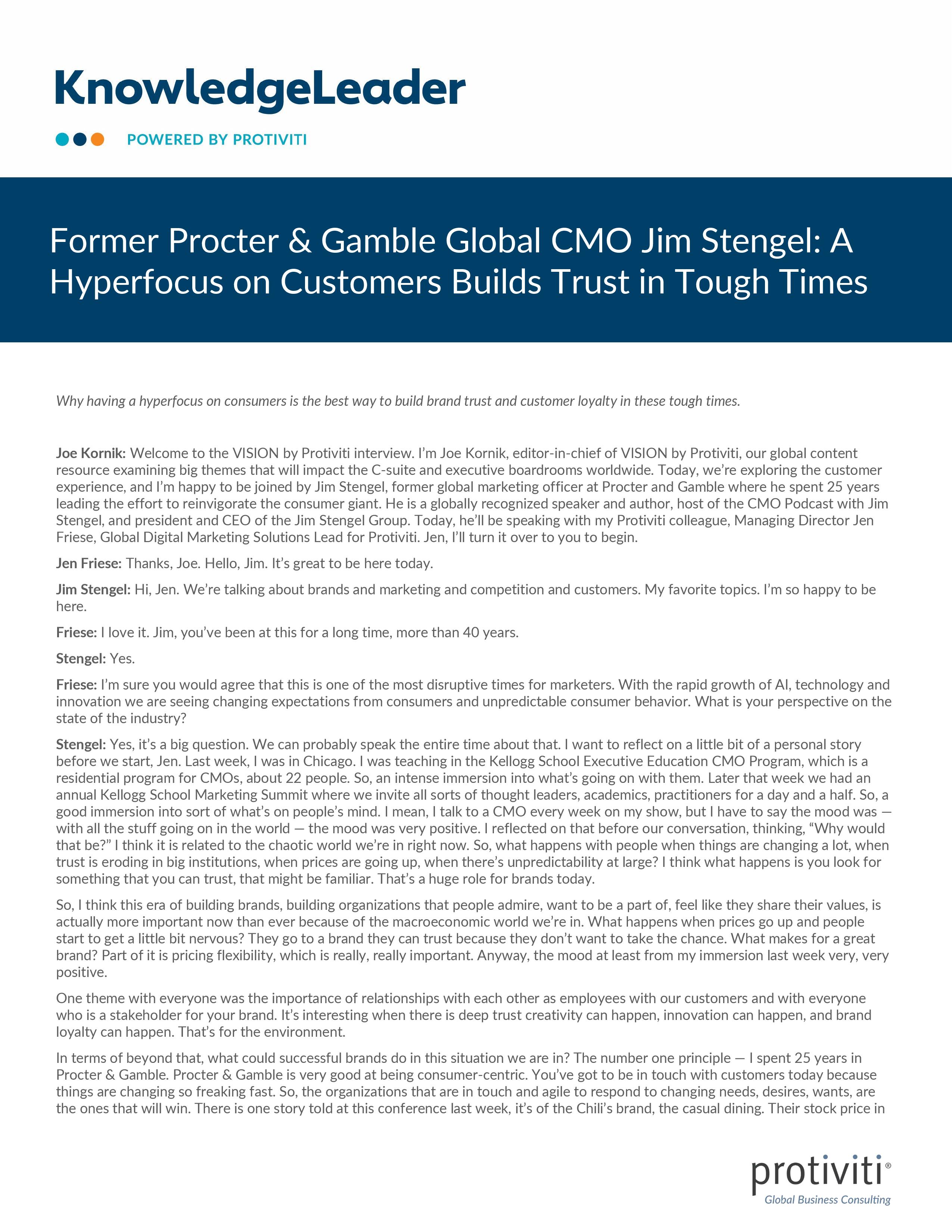 screenshot of the first page of Former Procter & Gamble Global CMO Jim Stengel A Hyperfocus on Customers Builds Trust in Tough Times