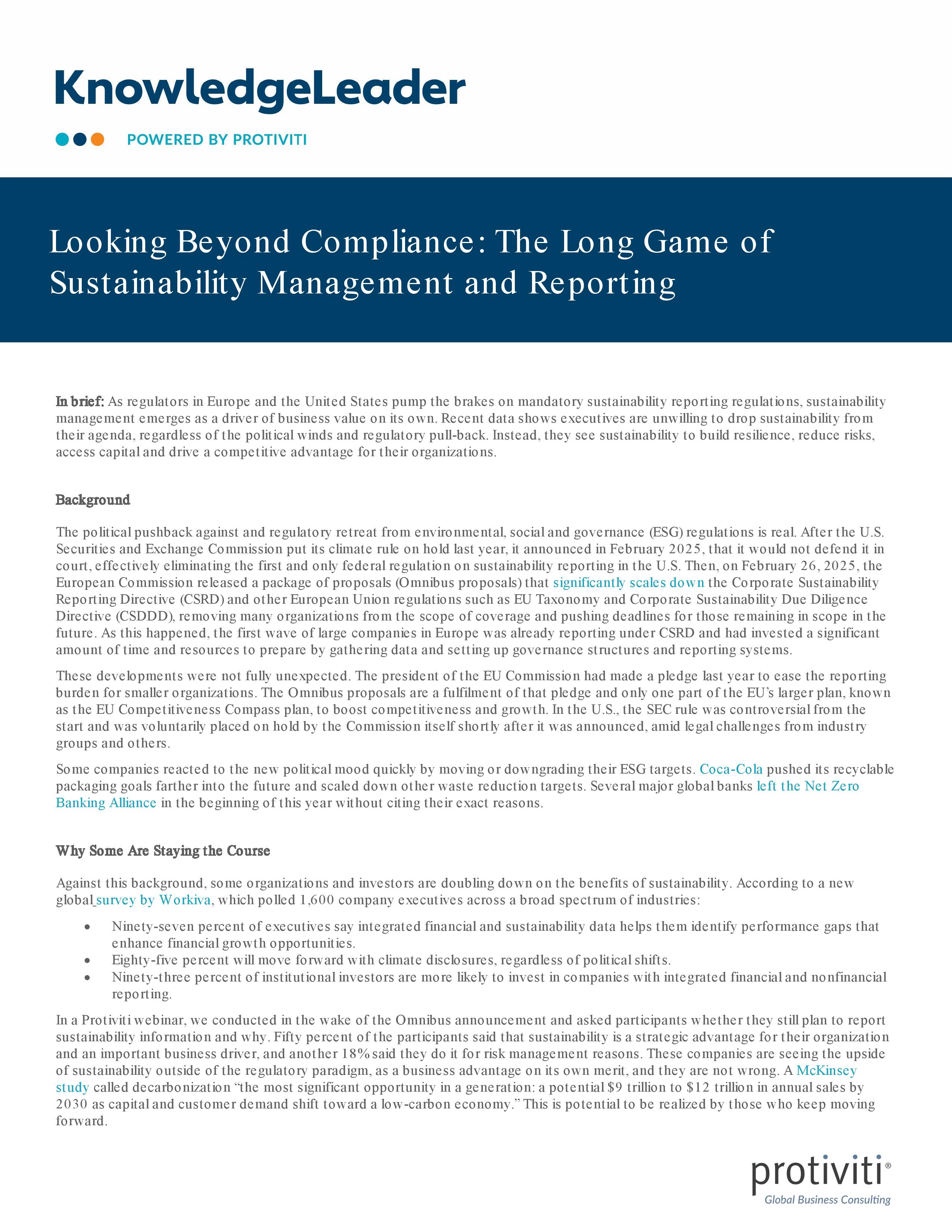 screenshot of the first page of Looking Beyond Compliance The Long Game of Sustainability Management and Reporting