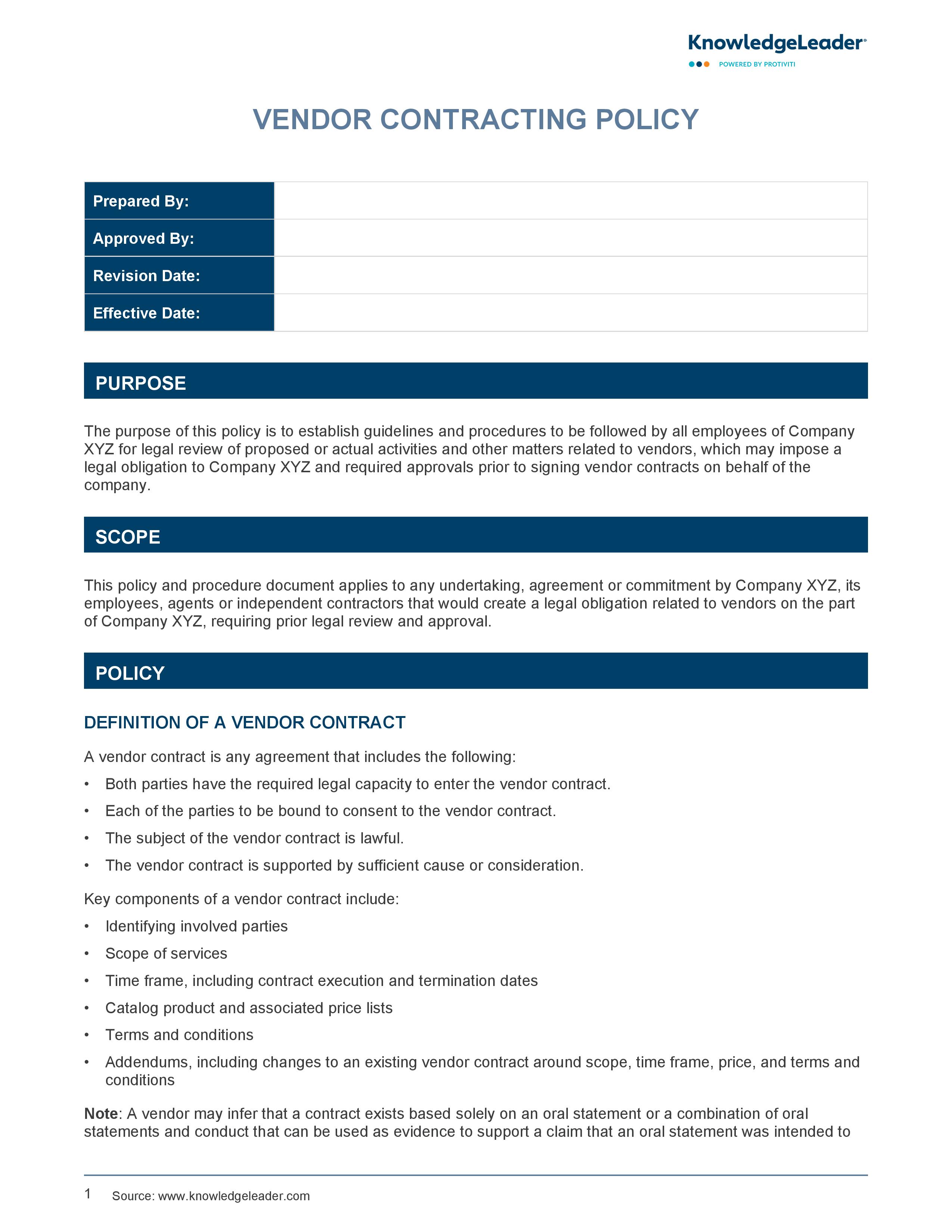 screenshot of the first page of Vendor Contracting Policy