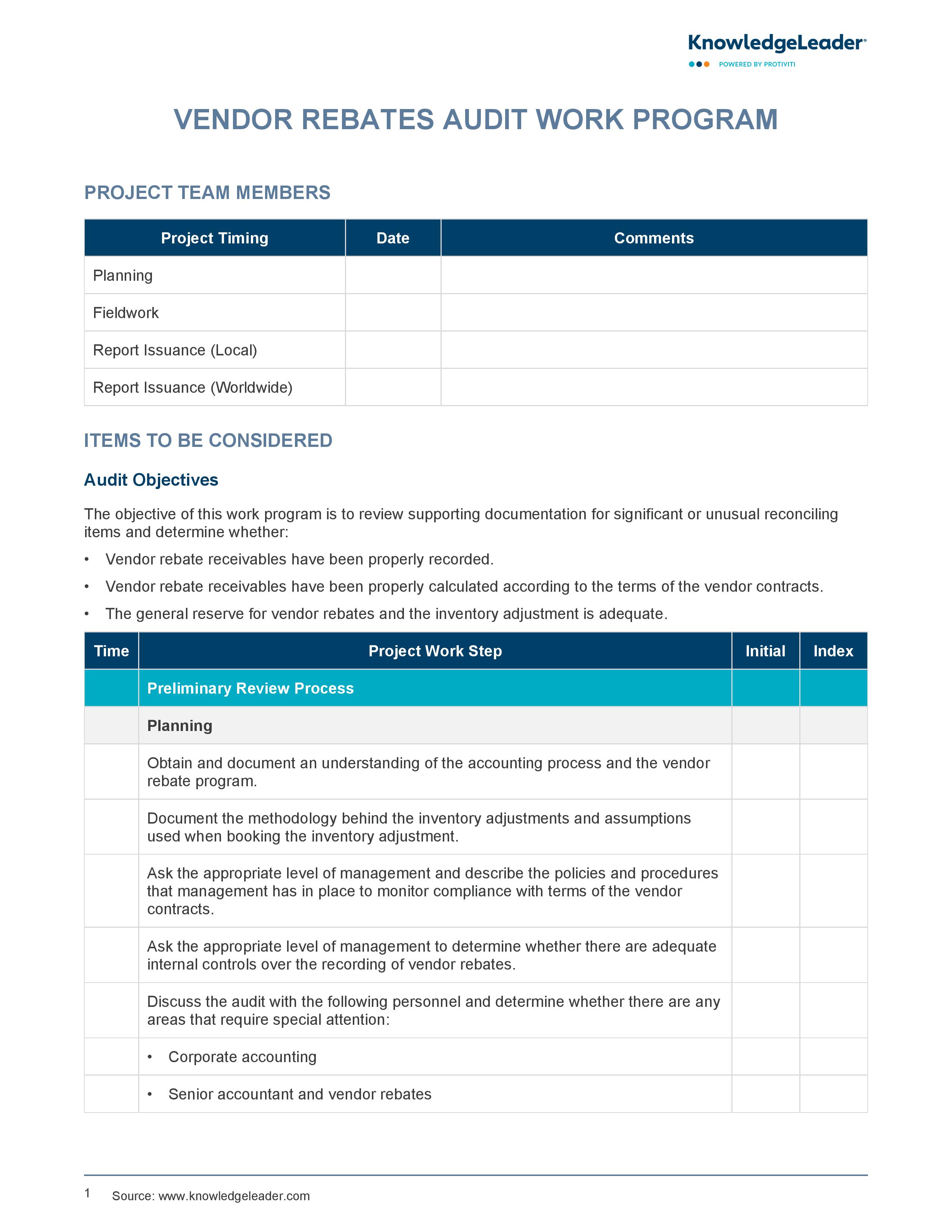 screenshot of the first page of Vendor Rebates Work Program