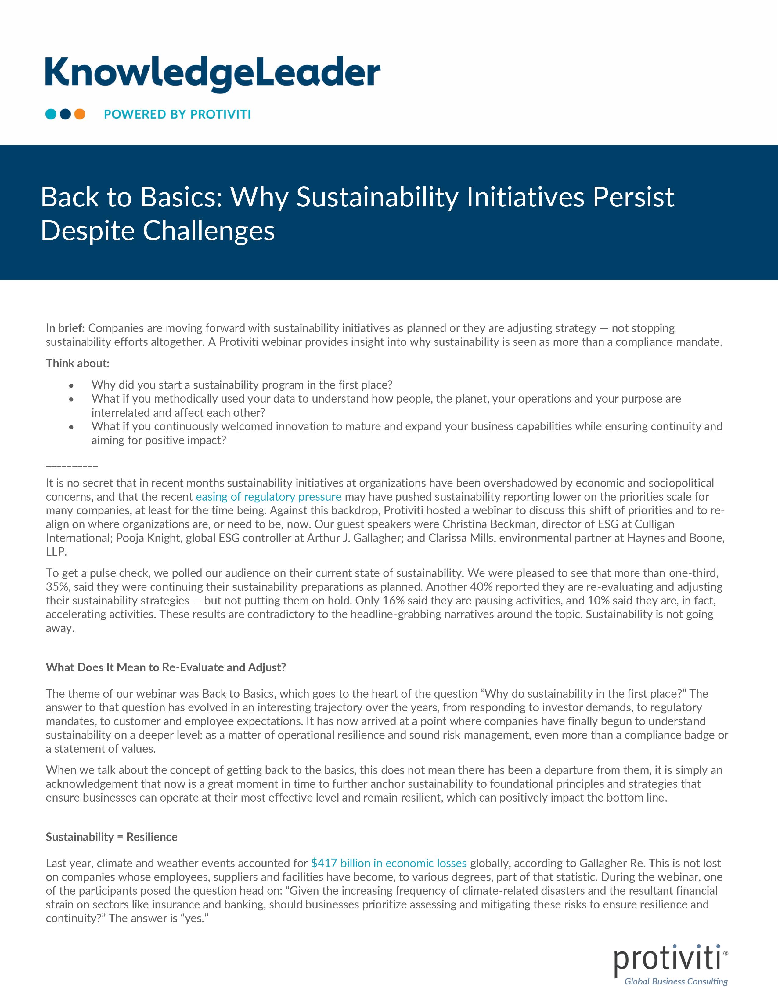 screenshot of the first page of Back to Basics: Why Sustainability Initiatives Persist Despite Challenges