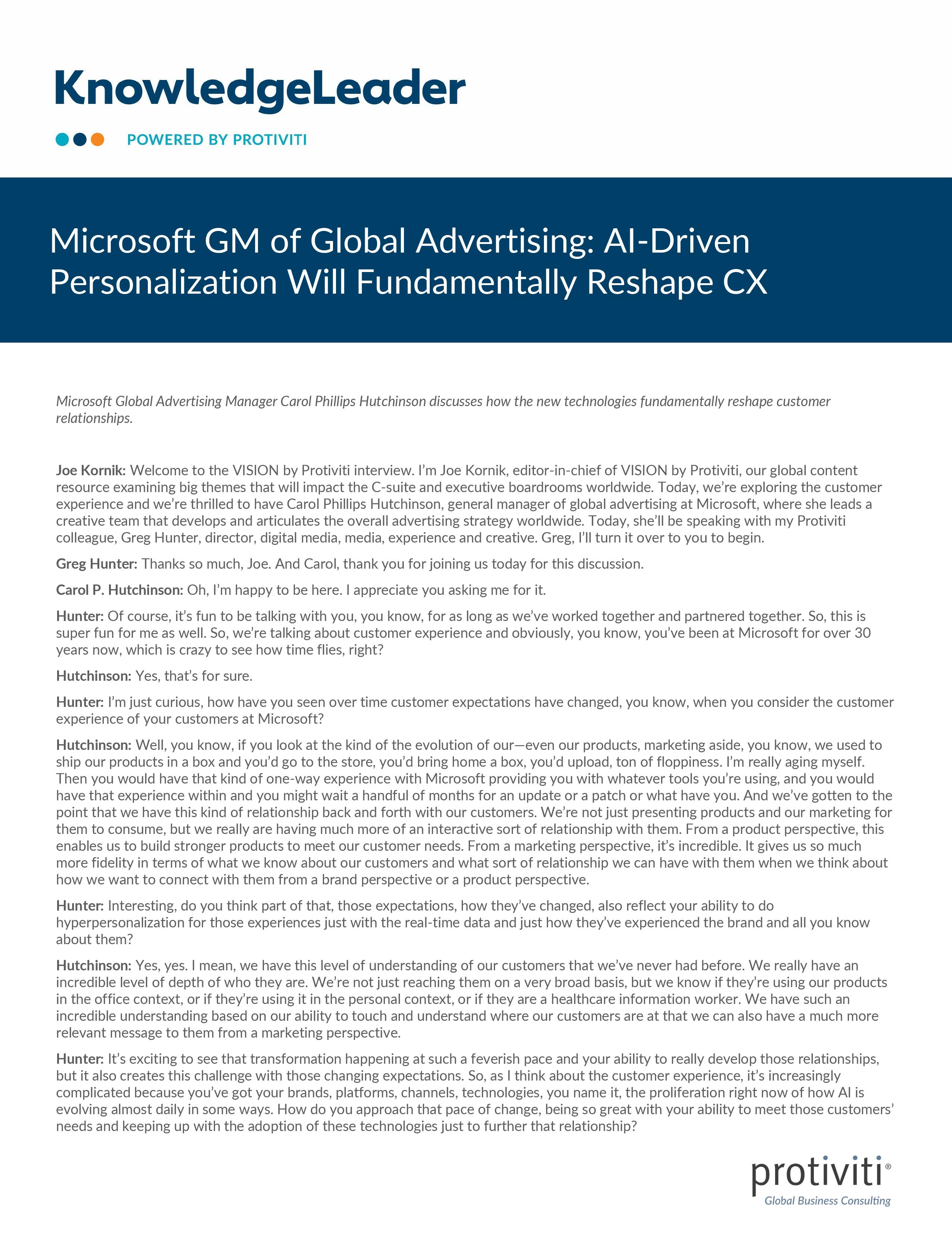 screenshot of the first page of Microsoft GM of Global Advertising AI-Driven Personalization Will Fundamentally Reshape CX