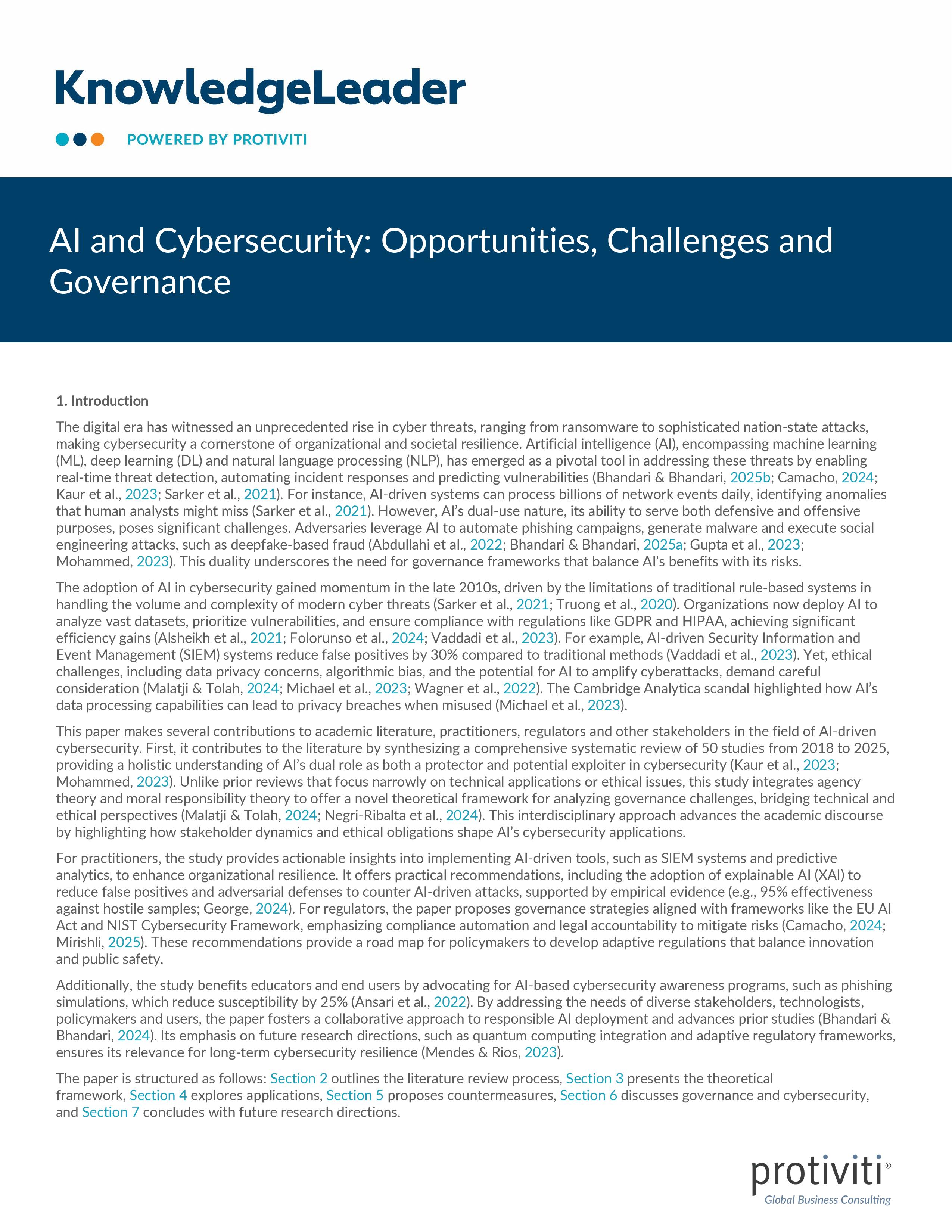 screenshot of the first page of AI and Cybersecurity Opportunities, Challenges and Governance