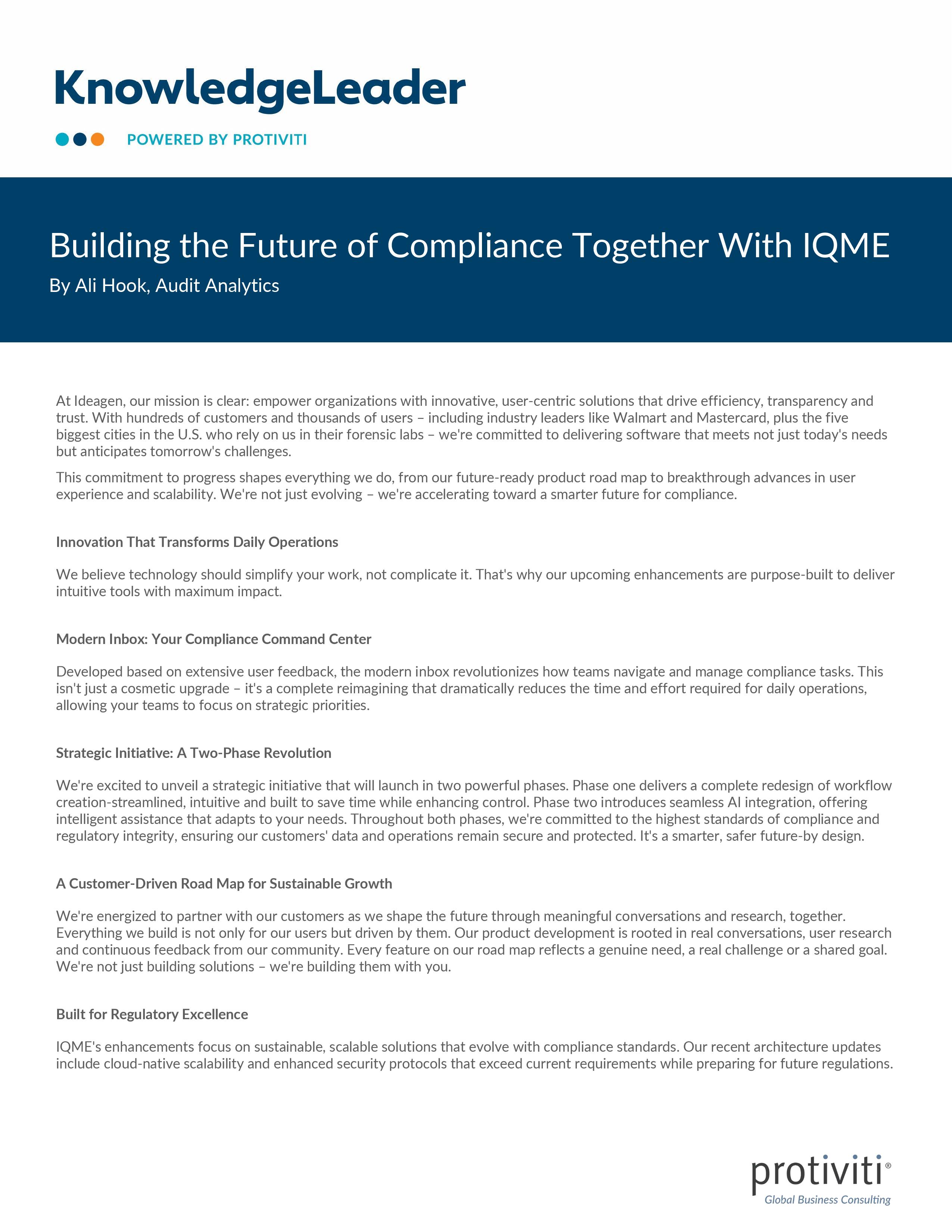 screenshot of the first page of Building the Future of Compliance Together With IQME
