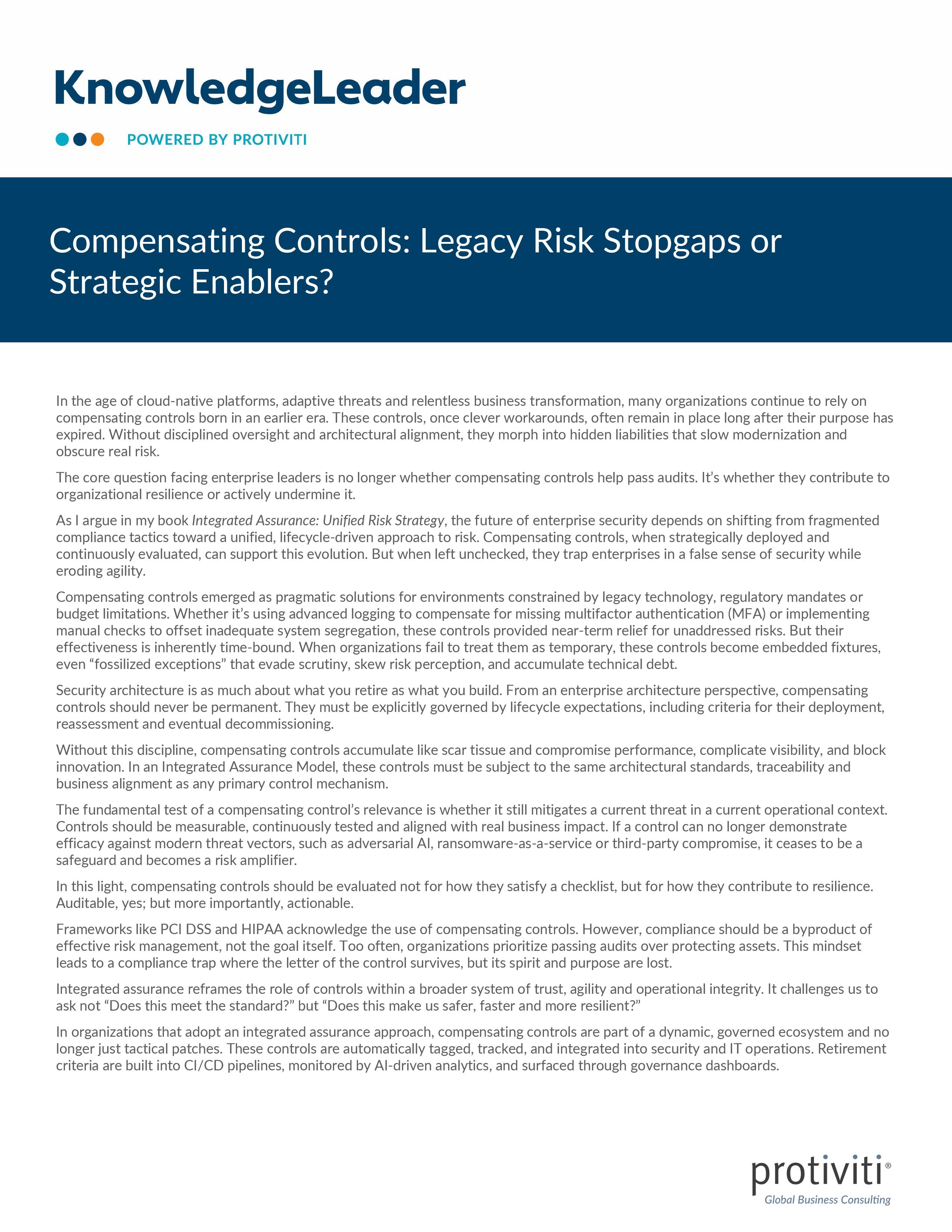 screenshot of the first page of Compensating Controls Legacy Risk Stopgaps or Strategic Enablers