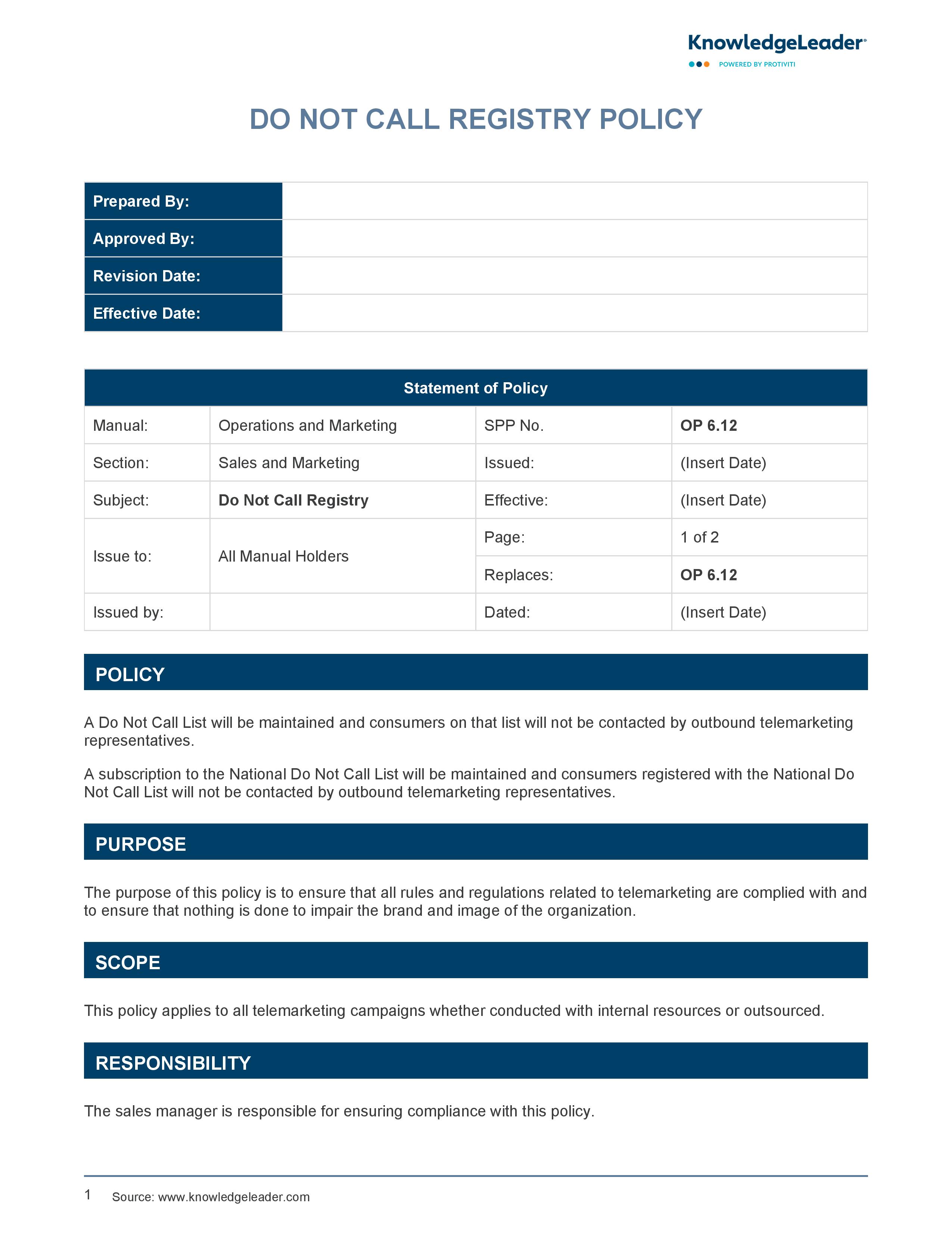 screenshot of the first page of Do Not Call Registry Policy