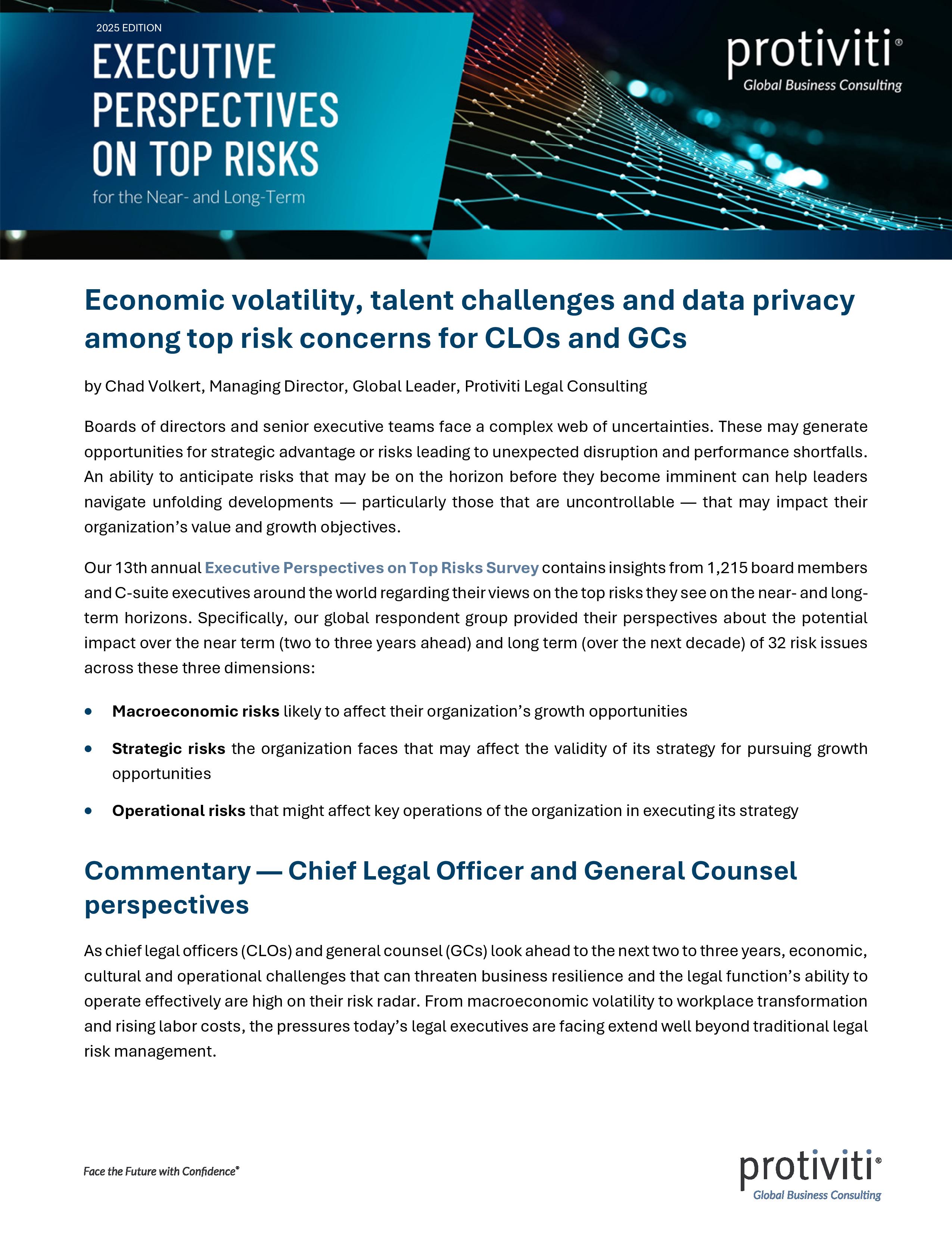 screenshot of the first page of Executive Perspectives on Top Risks for the Near- and Long-Term Perspectives of Chief Legal Officers and General Counsel