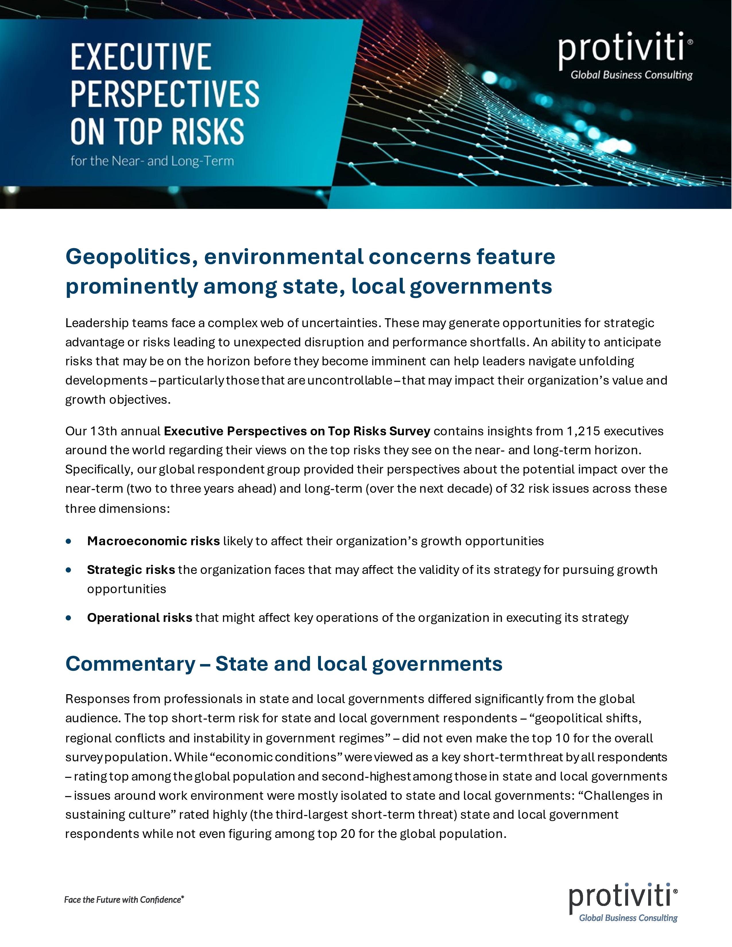 screenshot of the first page of Executive Perspectives on Top Risks for the Near- and Long-Term State and Local Governments