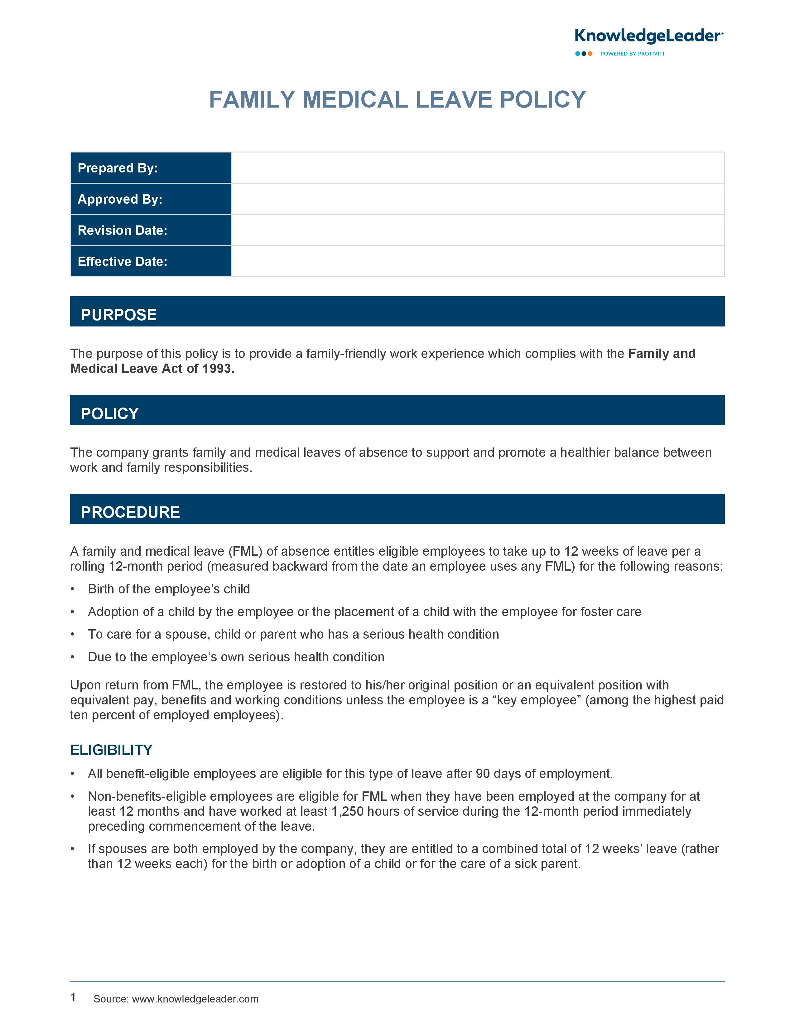 Screenshot of the first page of Family Medical Leave Policy