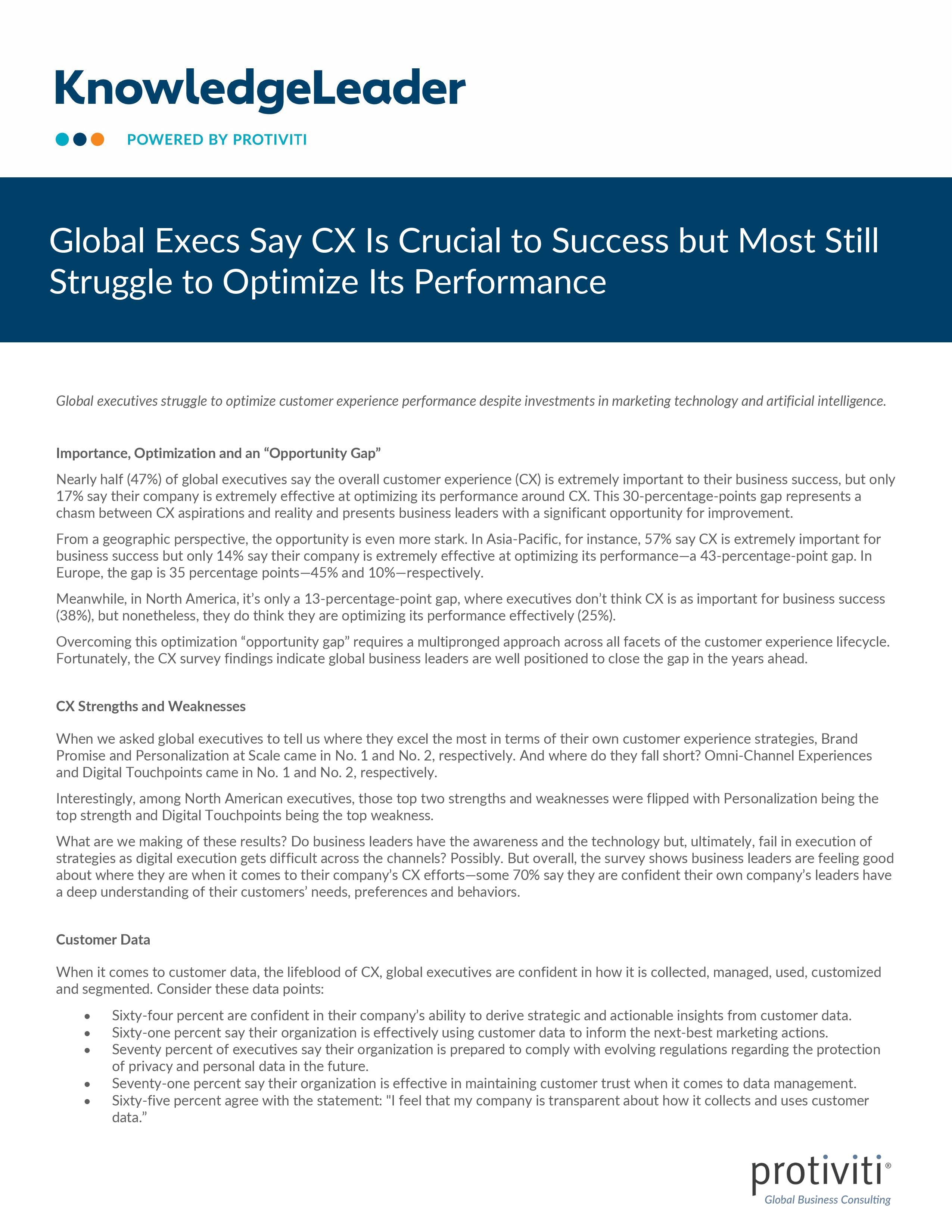 screenshot of the first page of Global Execs Say CX Is Crucial to Success but Most Still Struggle to Optimize Its Performance
