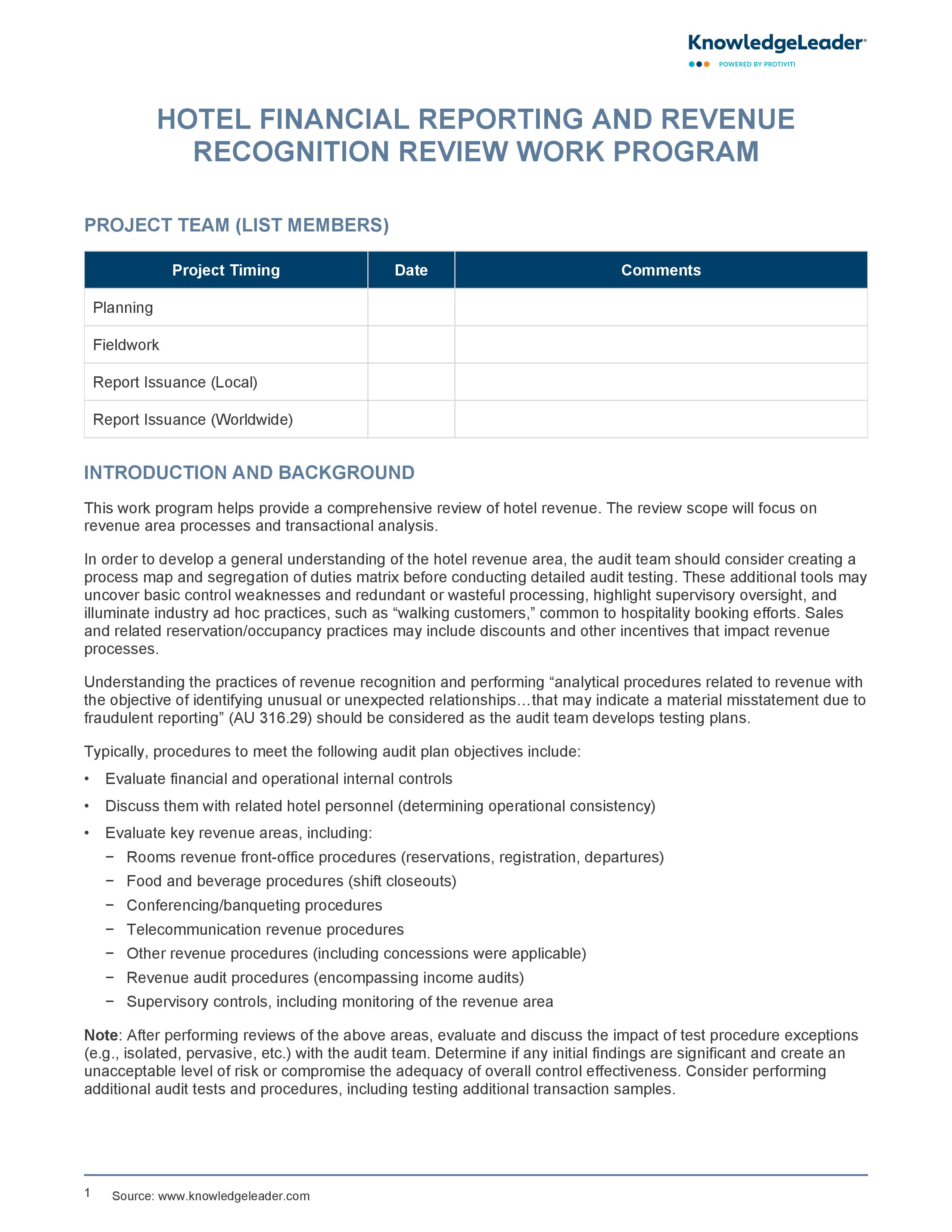 Screenshot of the first page of Hotel Financial Reporting and Revenue Recognition Audit Work Program
