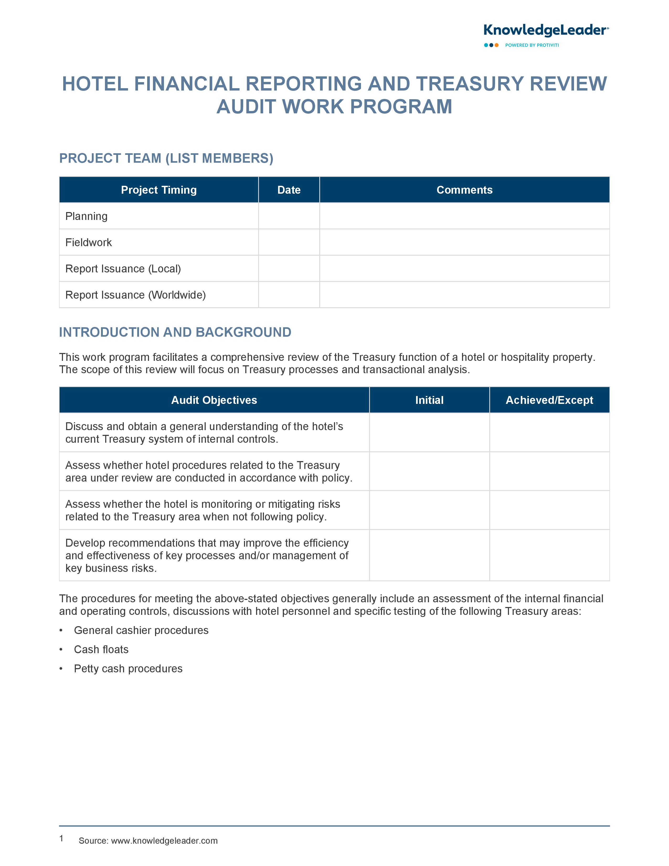 screenshot of the first page of the Hotel Financial Reporting and Treasury Review Audit Work Program