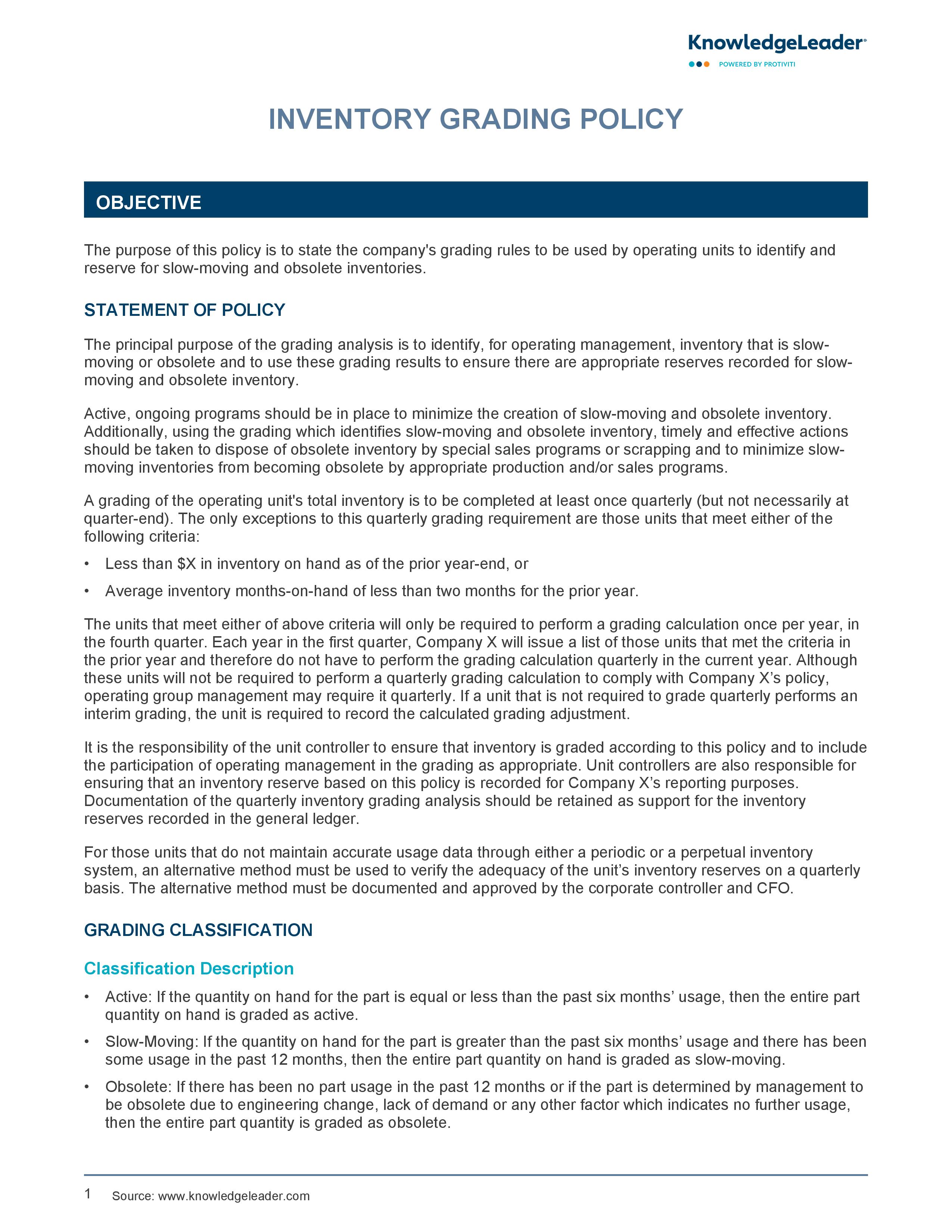 screenshot of the first page of Inventory Grading Policy