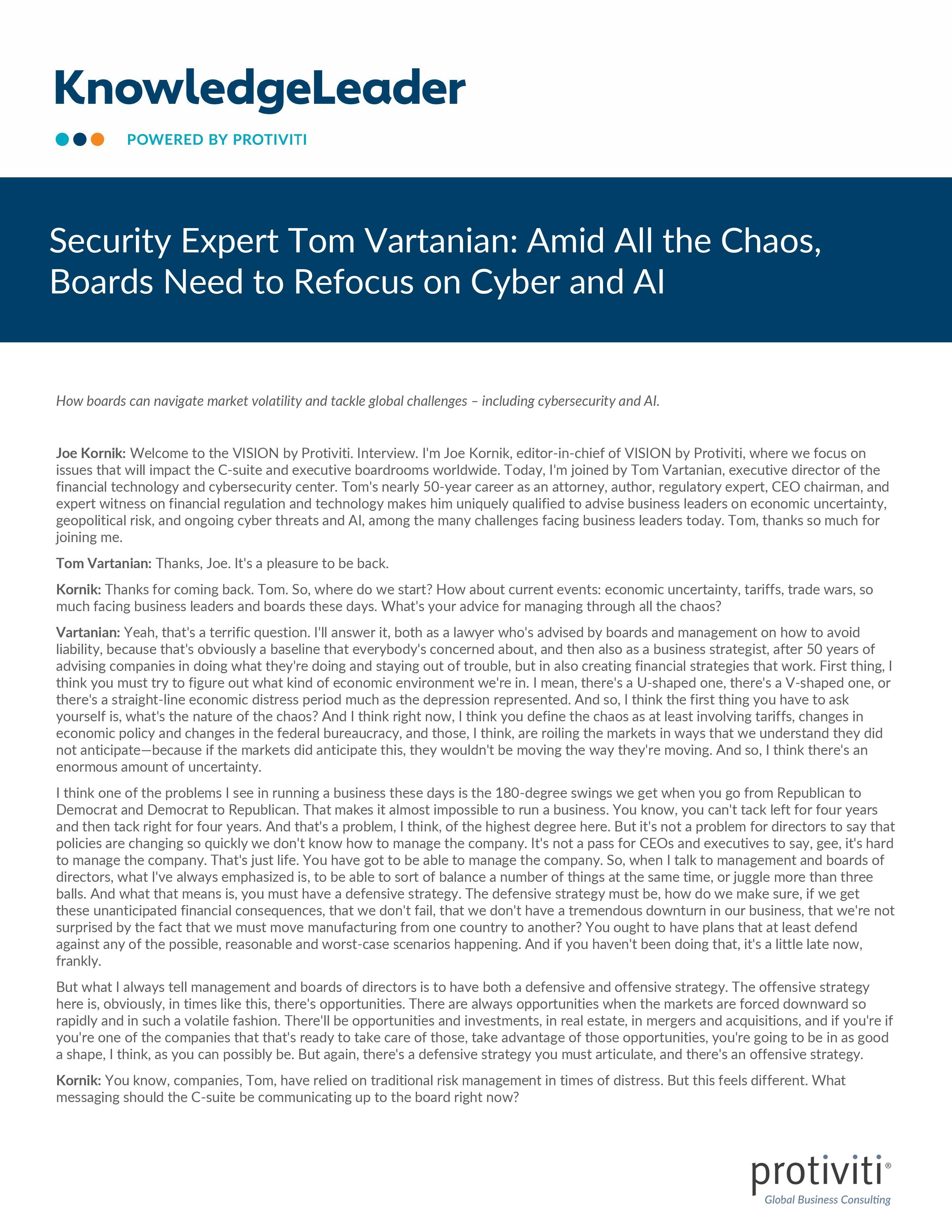 screenshot of the first page of Security Expert Tom Vartanian Amid All the Chaos, Boards Need to Refocus on Cyber and AI