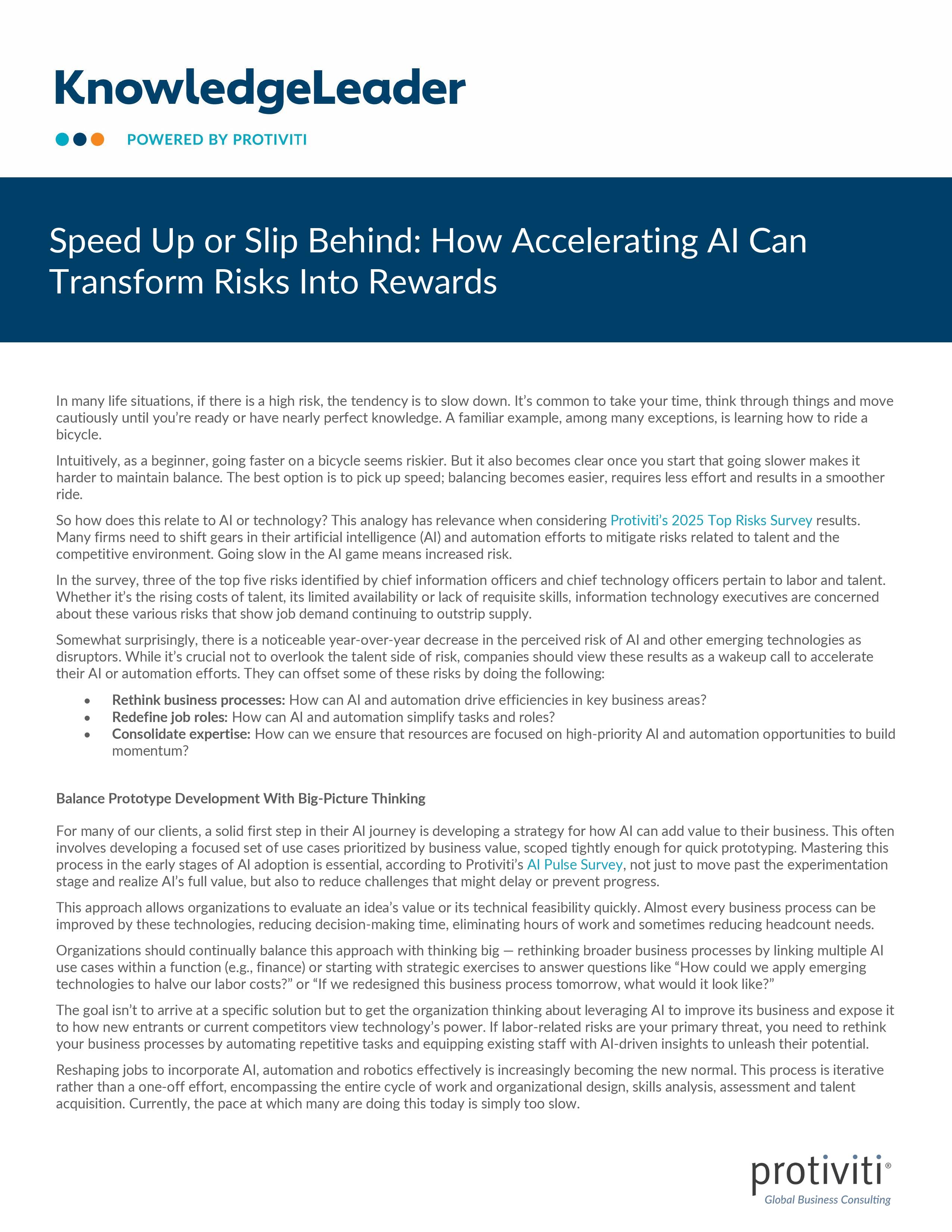 screenshot of the first page of Speed Up or Slip Behind How Accelerating AI Can Transform Risks Into Rewards