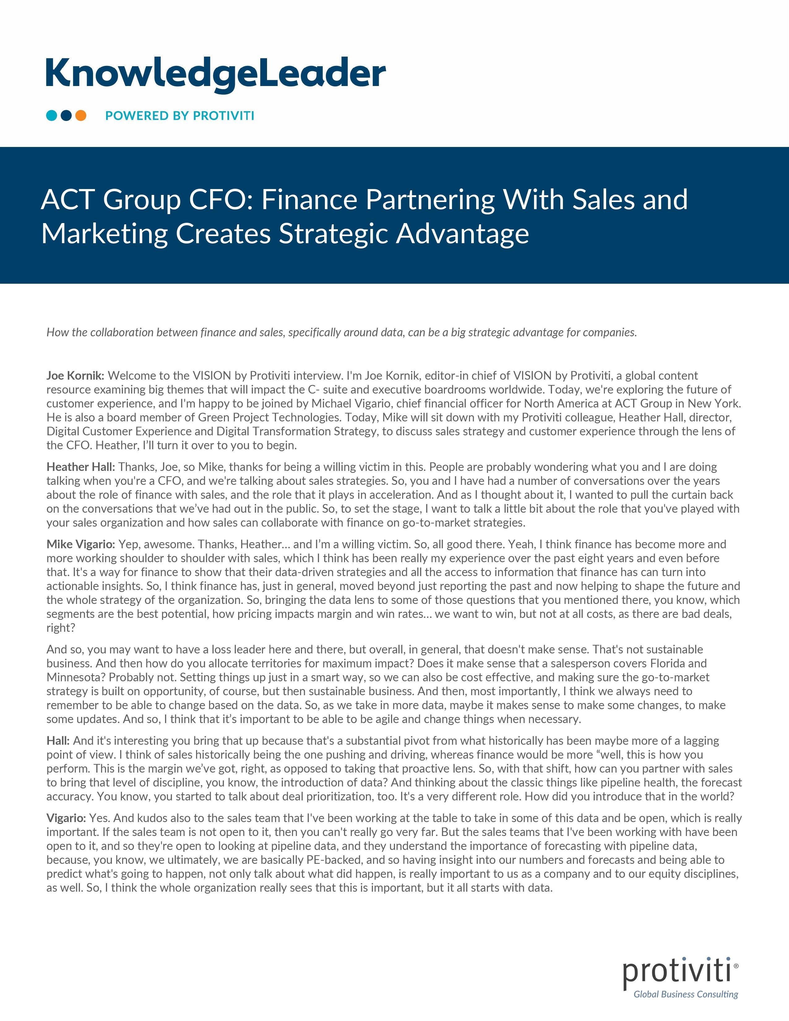 screenshot of the first page of ACT Group CFO Finance Partnering With Sales and Marketing Creates Strategic Advantage