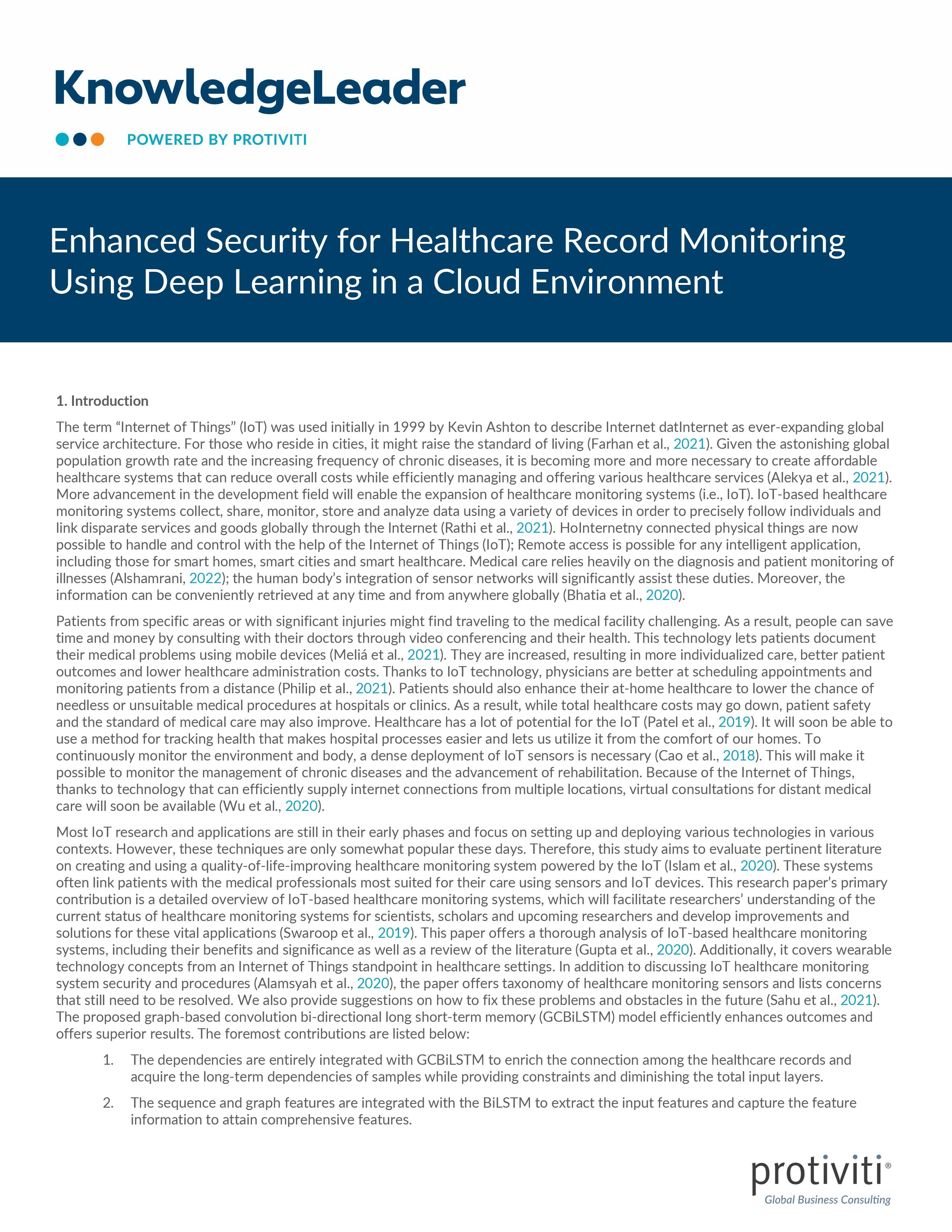 screenshot of the first page of Enhanced Security for Healthcare Record Monitoring Using Deep Learning in a Cloud Environment