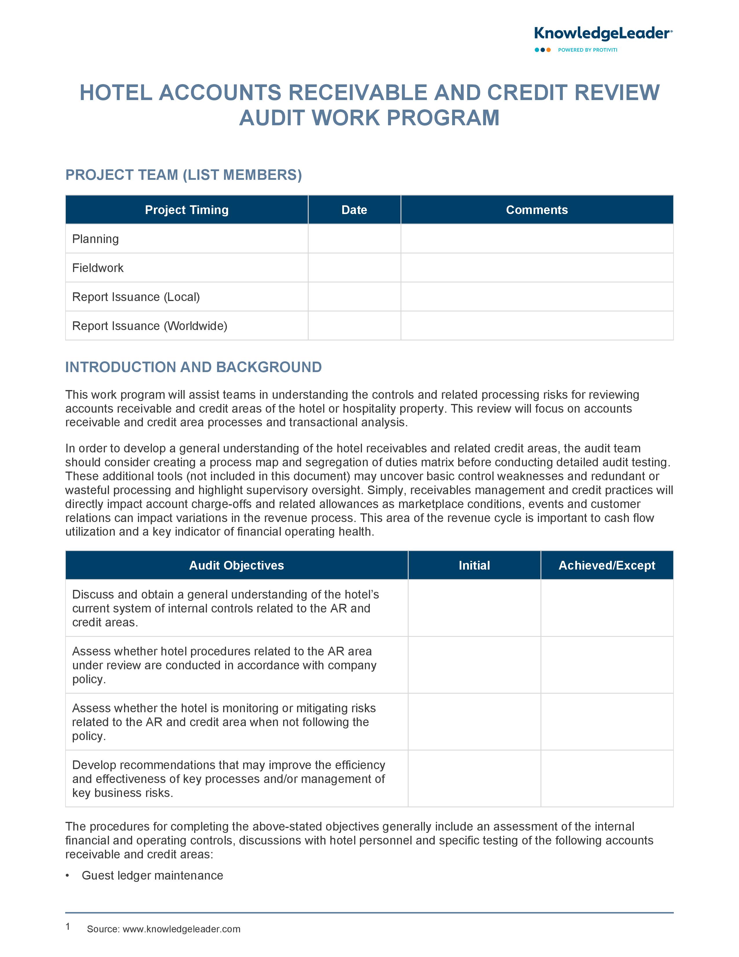 screenshot of the first page of Hotel Accounts Receivable and Credit Review Audit Work Program