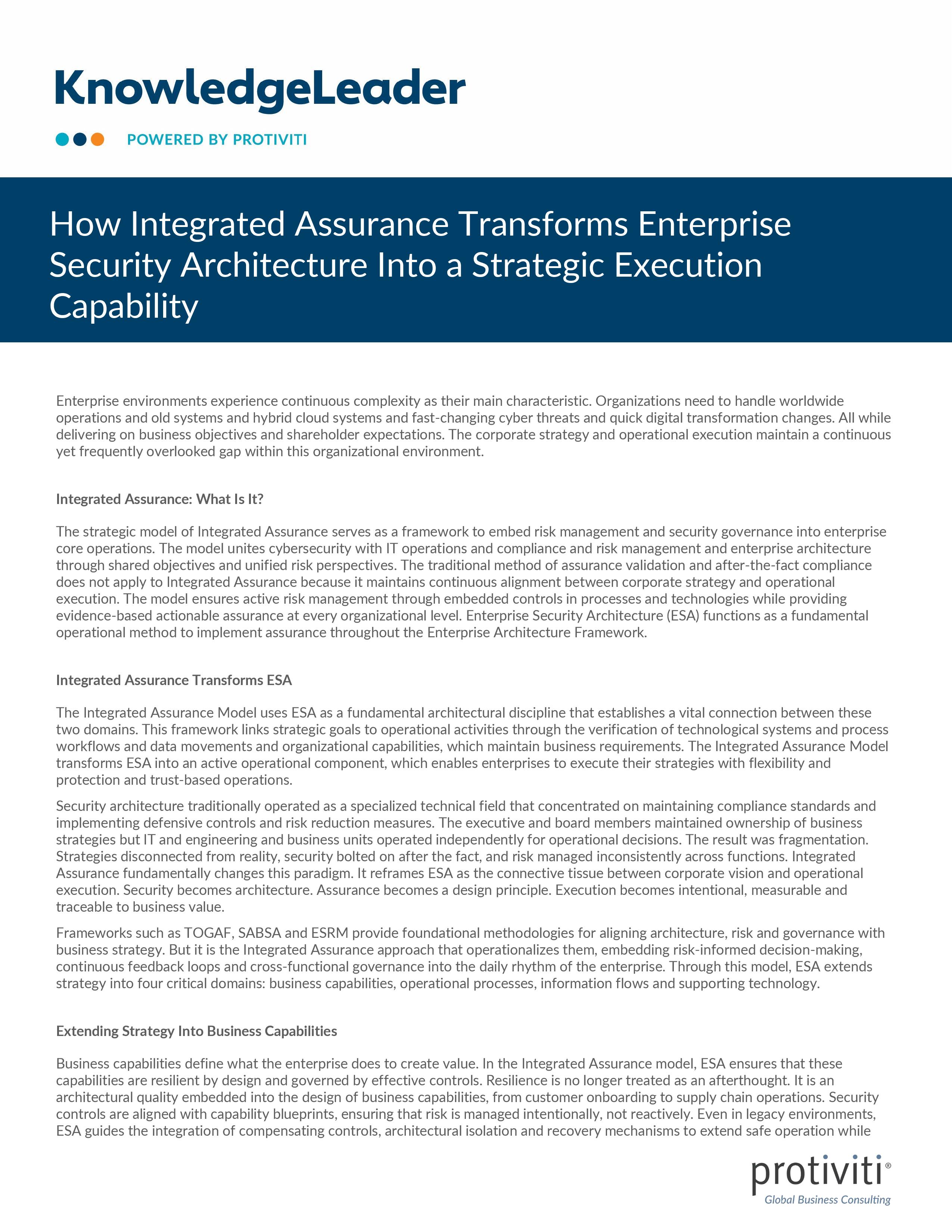 screenshot of the first page of How Integrated Assurance Transforms Enterprise Security Architecture Into a Strategic Execution Capability