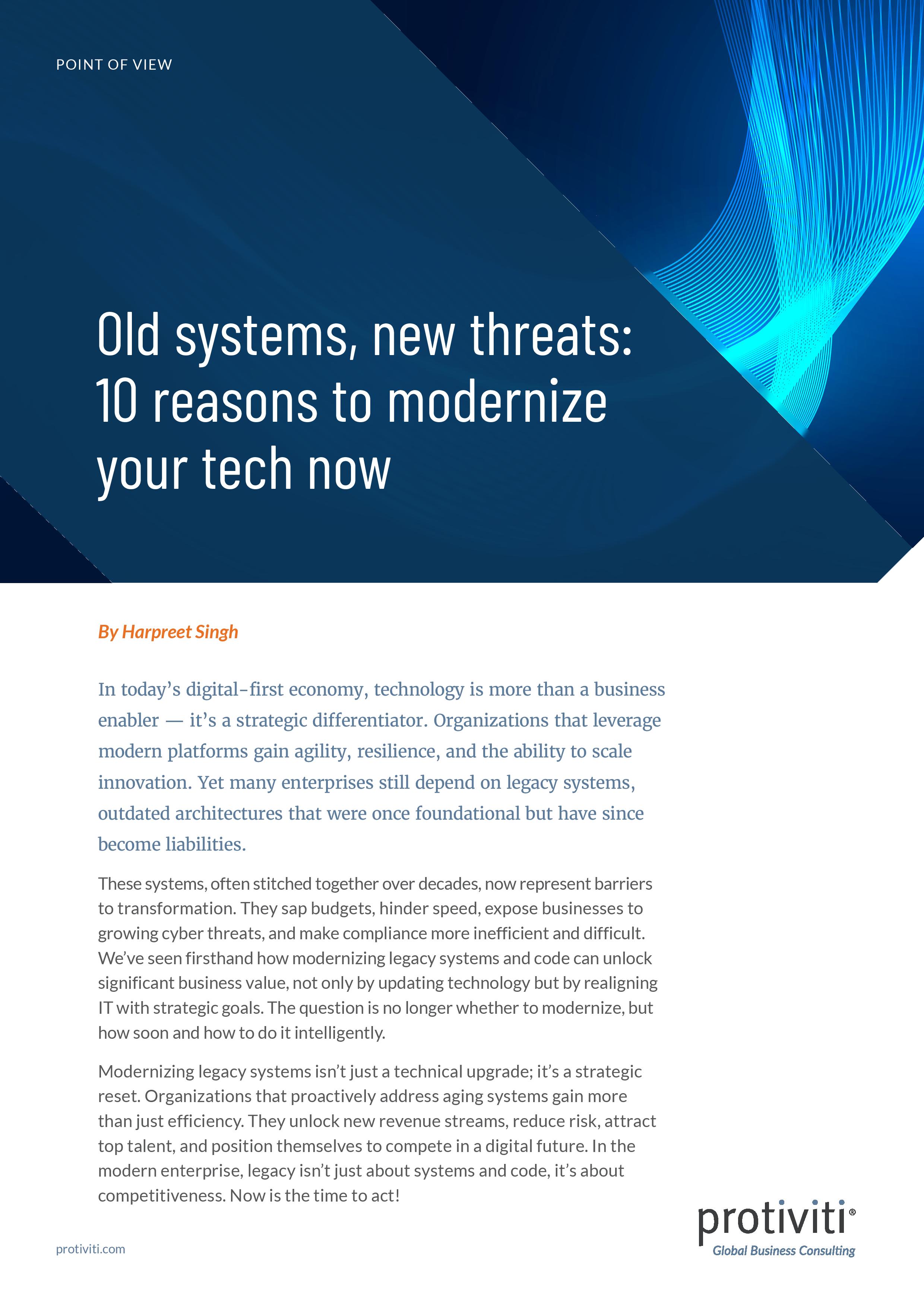 screenshot of the first page of Old Systems, New Threats: 10 Reasons to Modernize Your Tech Now