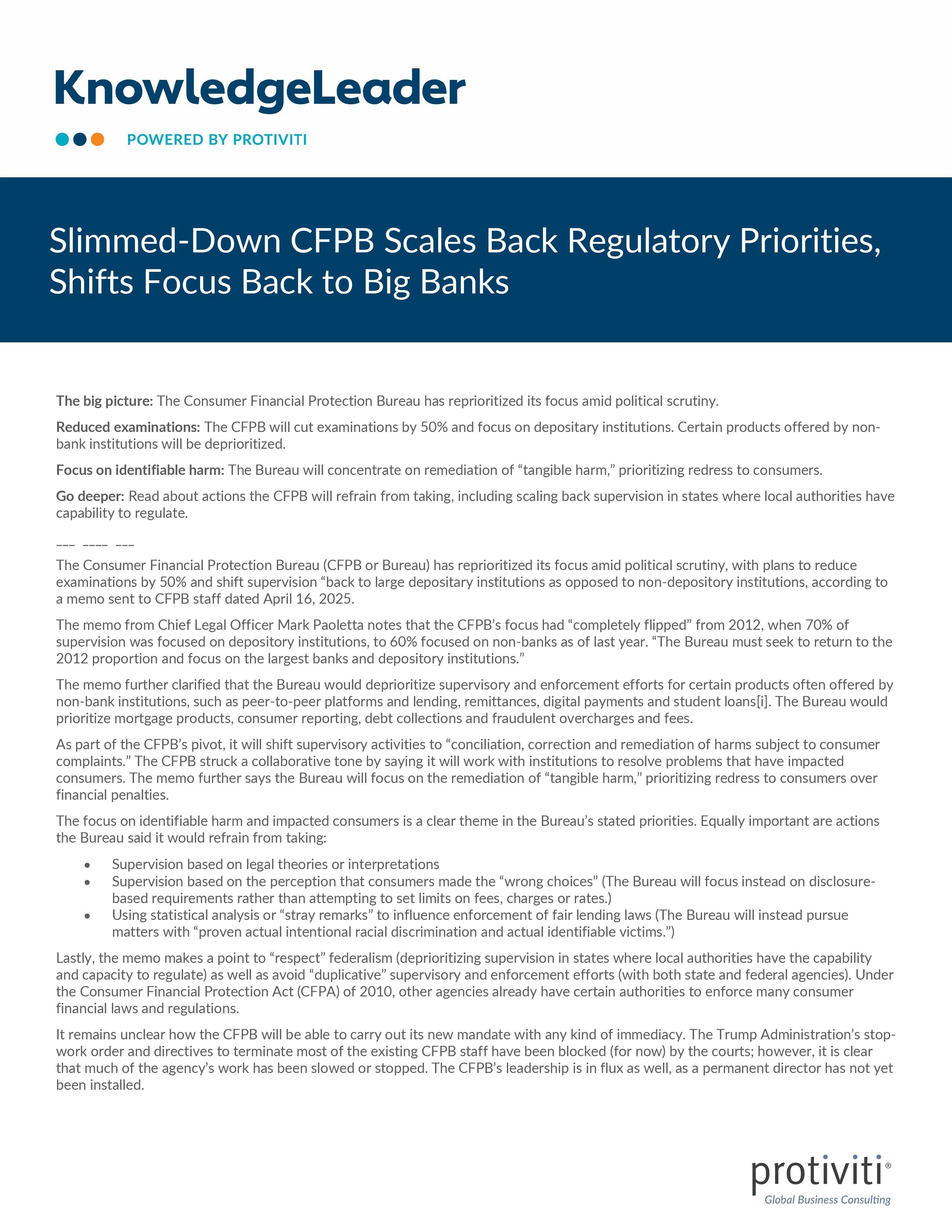 screenshot of the first page of Slimmed-Down CFPB Scales Back Regulatory Priorities, Shifts Focus Back to Big Banks
