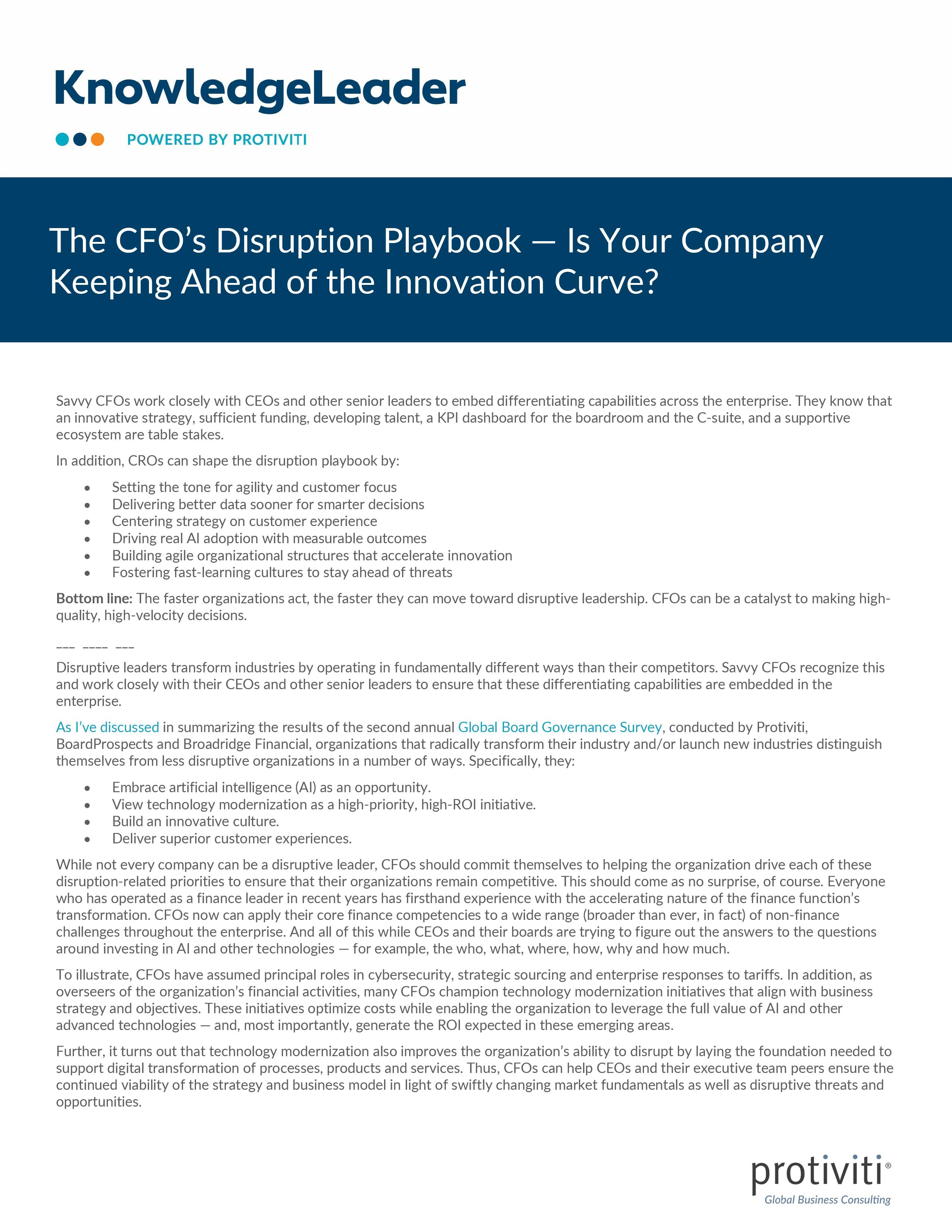 screenshot of the first page of The CFO’s Disruption Playbook — Is Your Company Keeping Ahead of the Innovation Curve