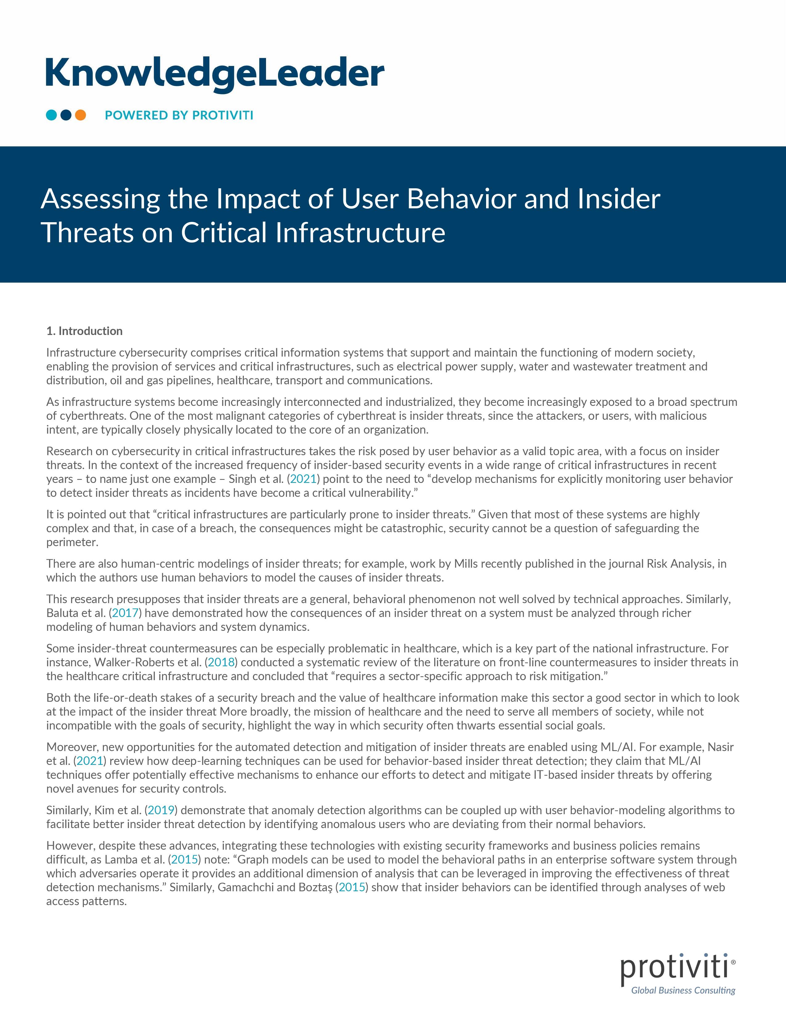 screenshot of the first page of Assessing the Impact of User Behavior and Insider Threats on Critical Infrastructure