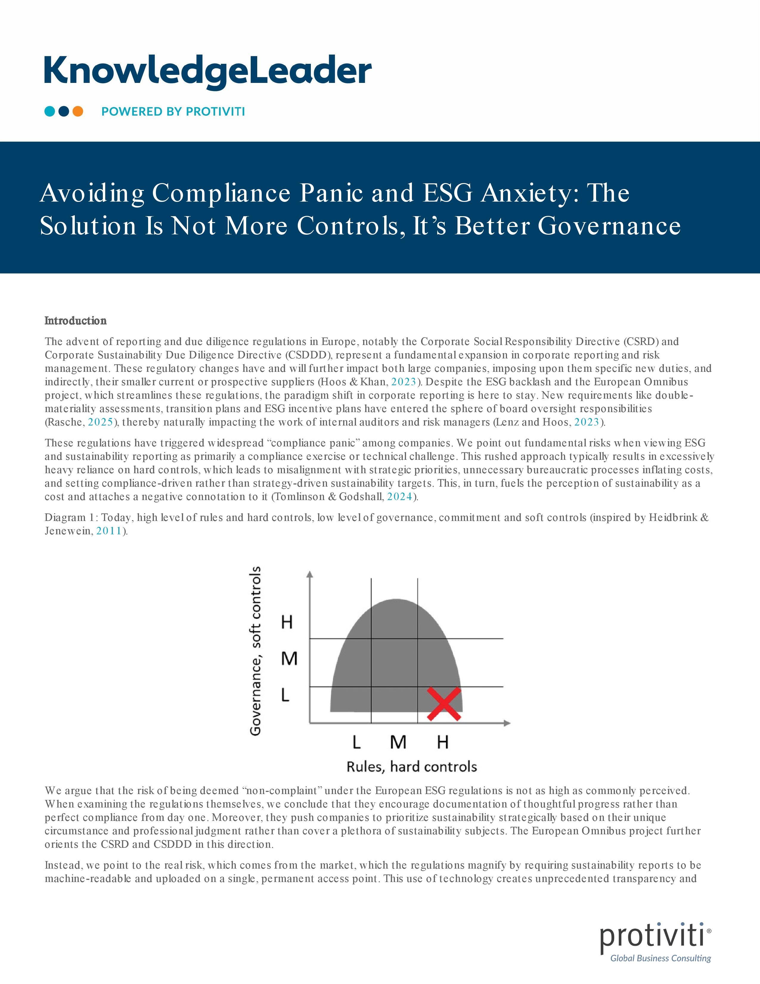 screenshot of the first page of Avoiding Compliance Panic and ESG Anxiety The Solution Is Not More Controls, It’s Better Governance