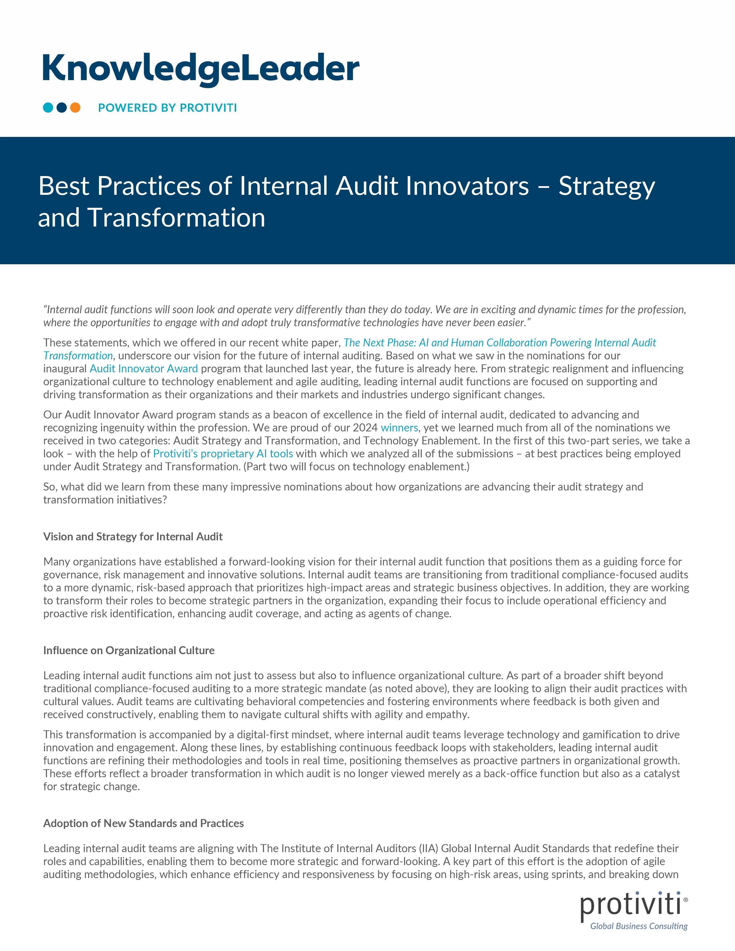 screenshot of the first page of Best Practices of Internal Audit Innovators – Strategy and Transformation