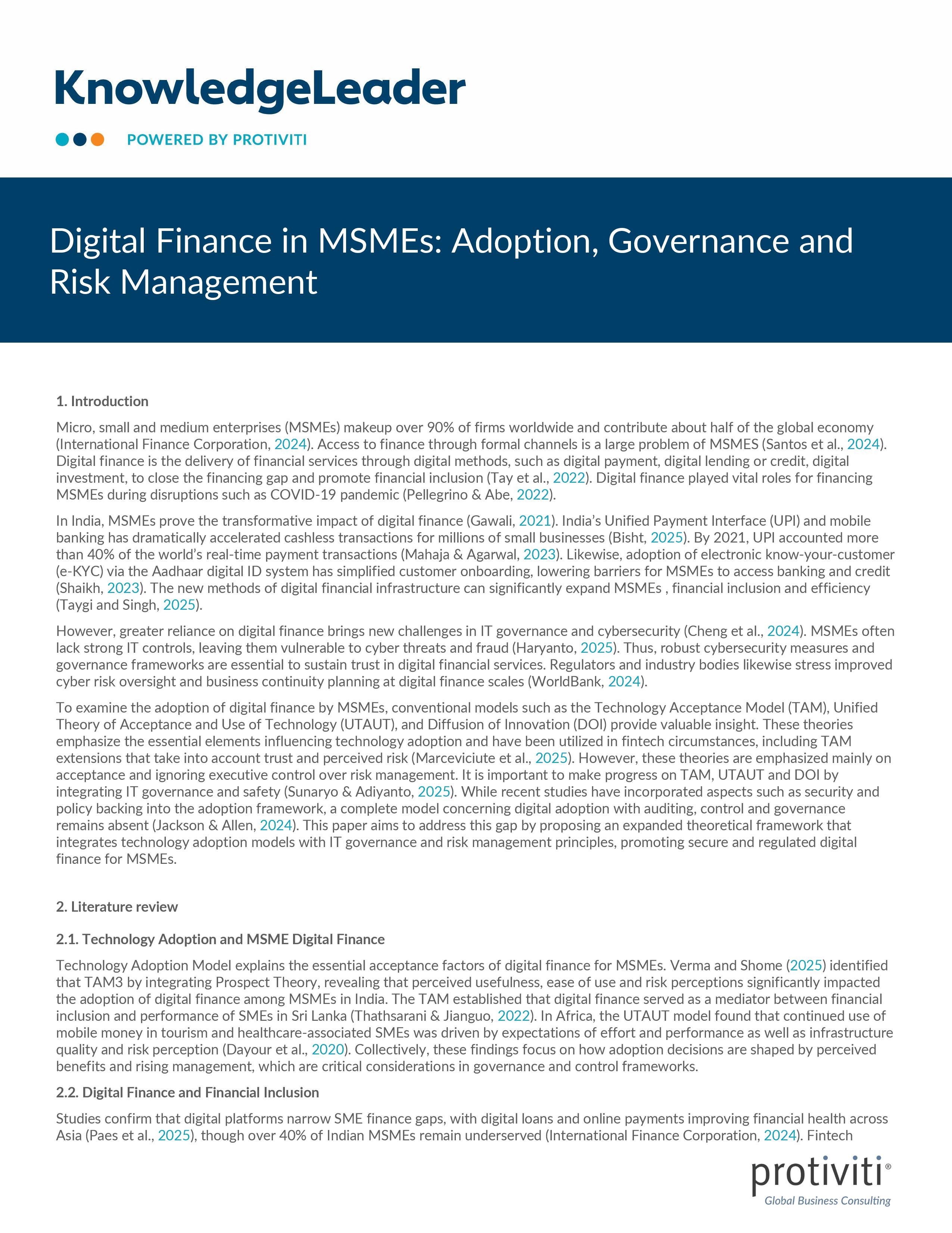 screenshot of the first page of Digital Finance in MSMEs Adoption, Governance and Risk Management