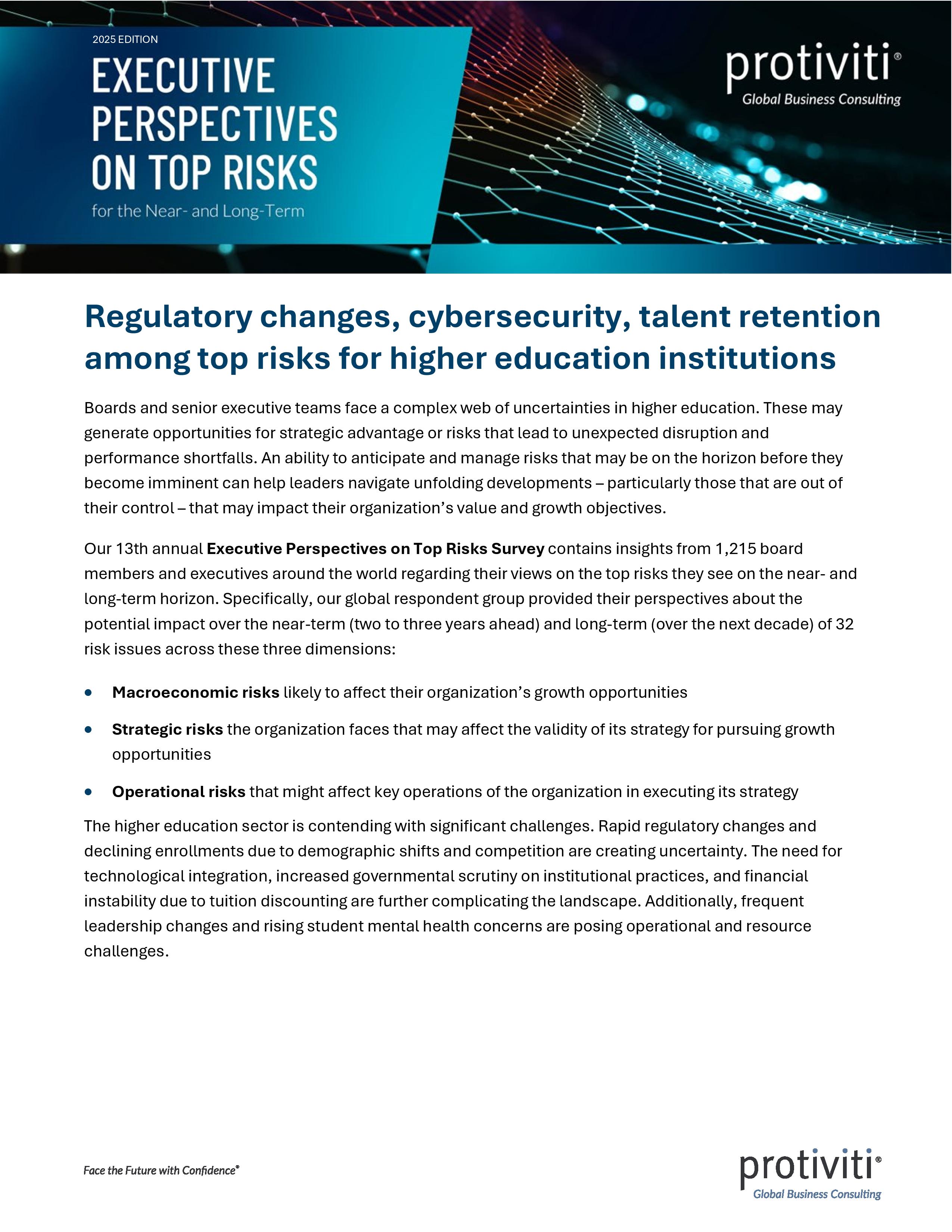 screenshot of the first page of Executive Perspectives on Top Risks for the Near- and Long-Term Higher Education Industry Results