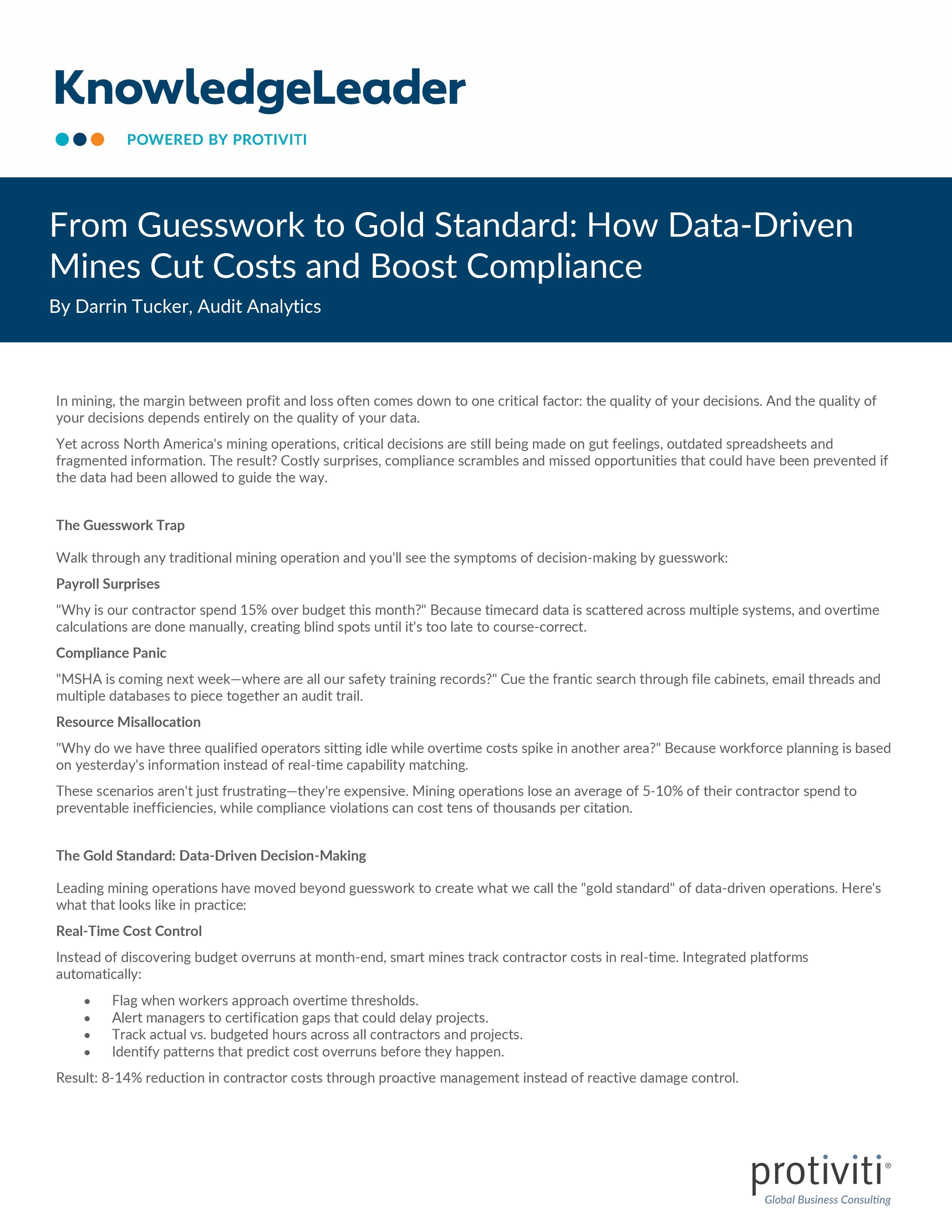 screenshot of the first page of From Guesswork to Gold Standard How Data-Driven Mines Cut Costs and Boost Compliance