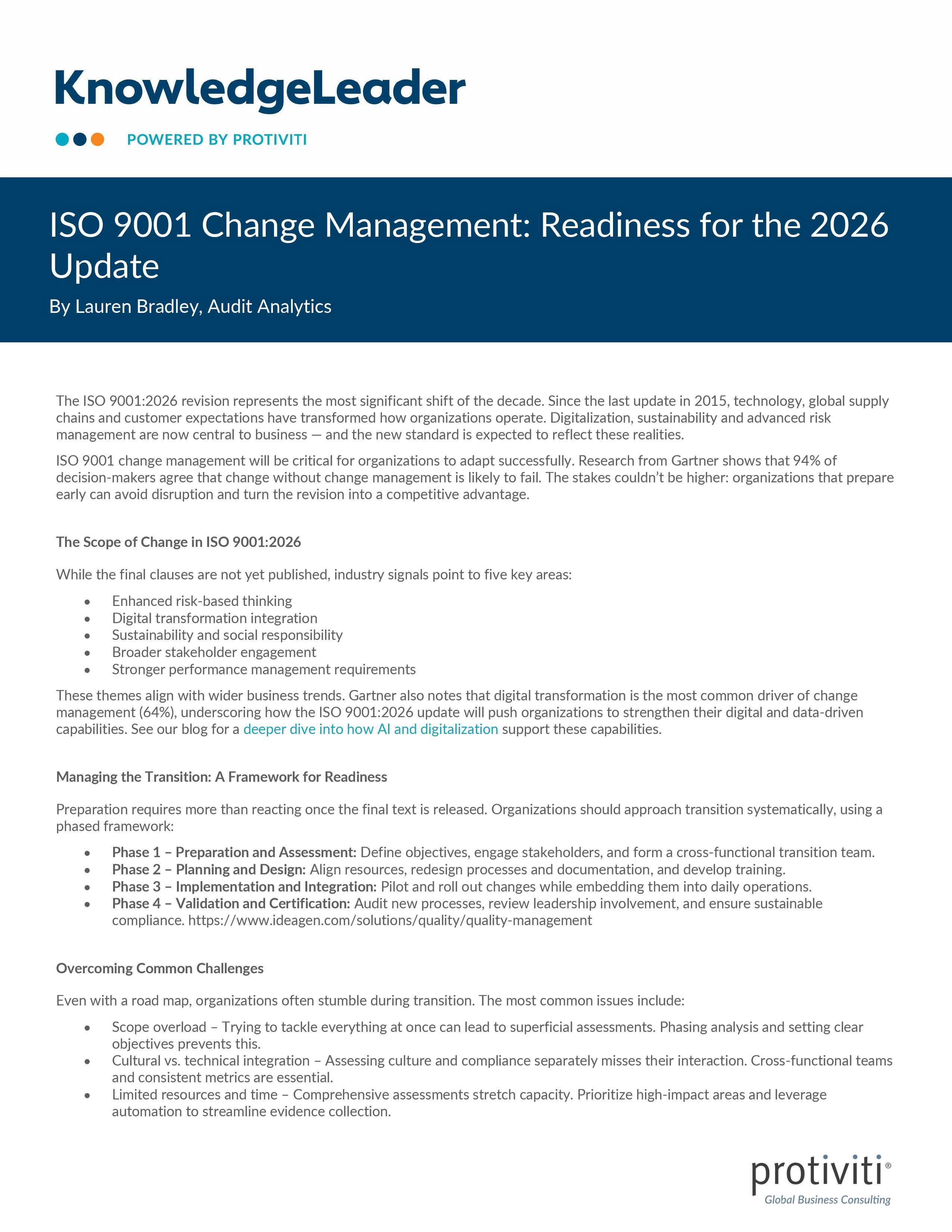 screenshot of the first page of ISO 9001 Change Management Readiness for the 2026 Update