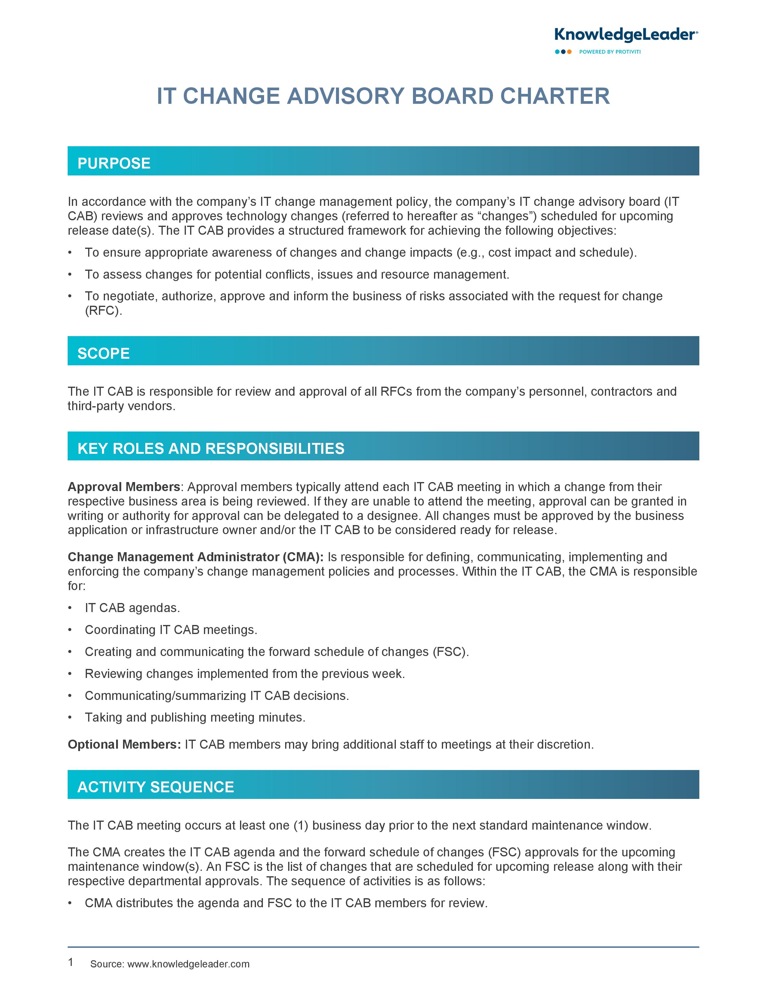 screenshot of the first page of IT Change Advisory Board Charter