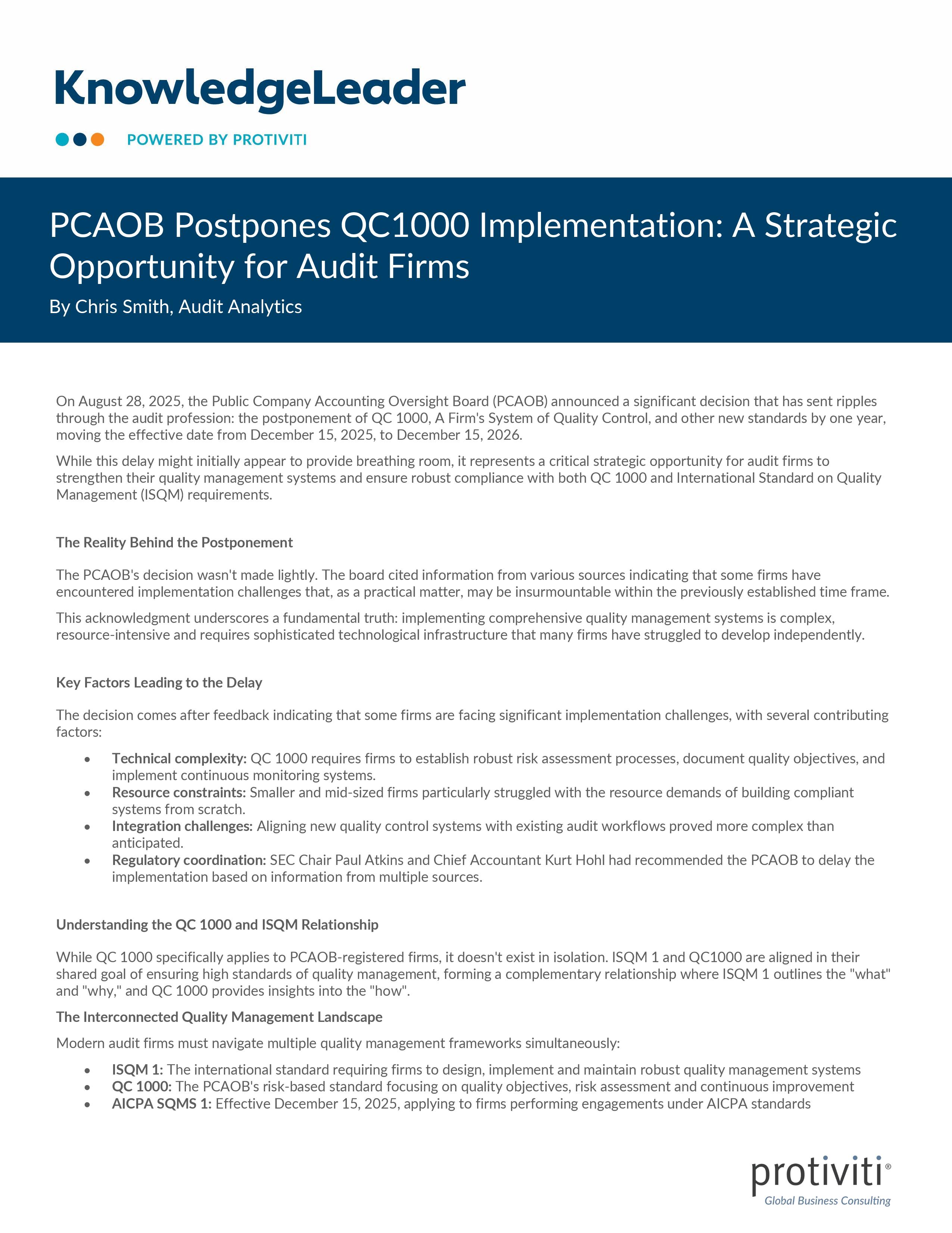 screenshot of the first page of PCAOB Postpones QC1000 Implementation A Strategic Opportunity for Audit Firms