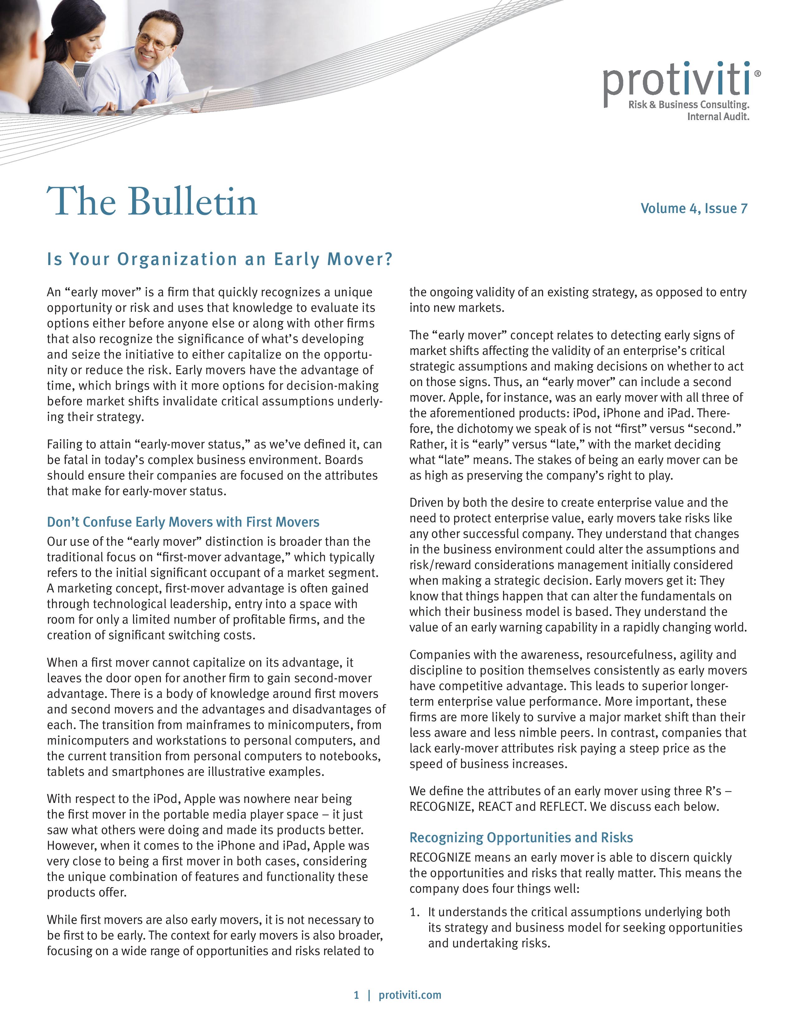 screenshot of the first page of The Bulletin, Issue 7, Volume 4 - Is Your Organization an Early Mover