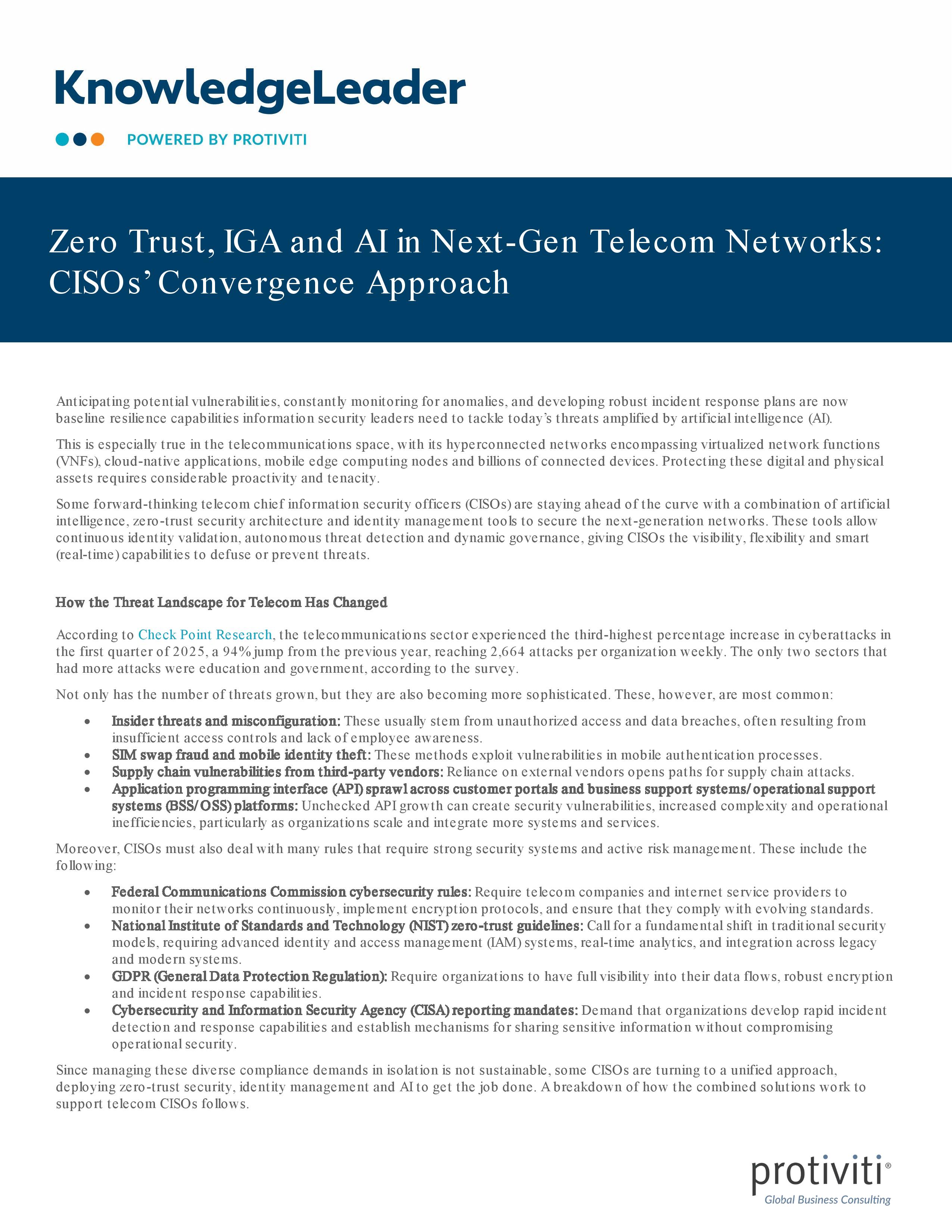 screenshot of the first page of Zero Trust, IGA and AI in Next-Gen Telecom Networks CISOs’ Convergence Approach