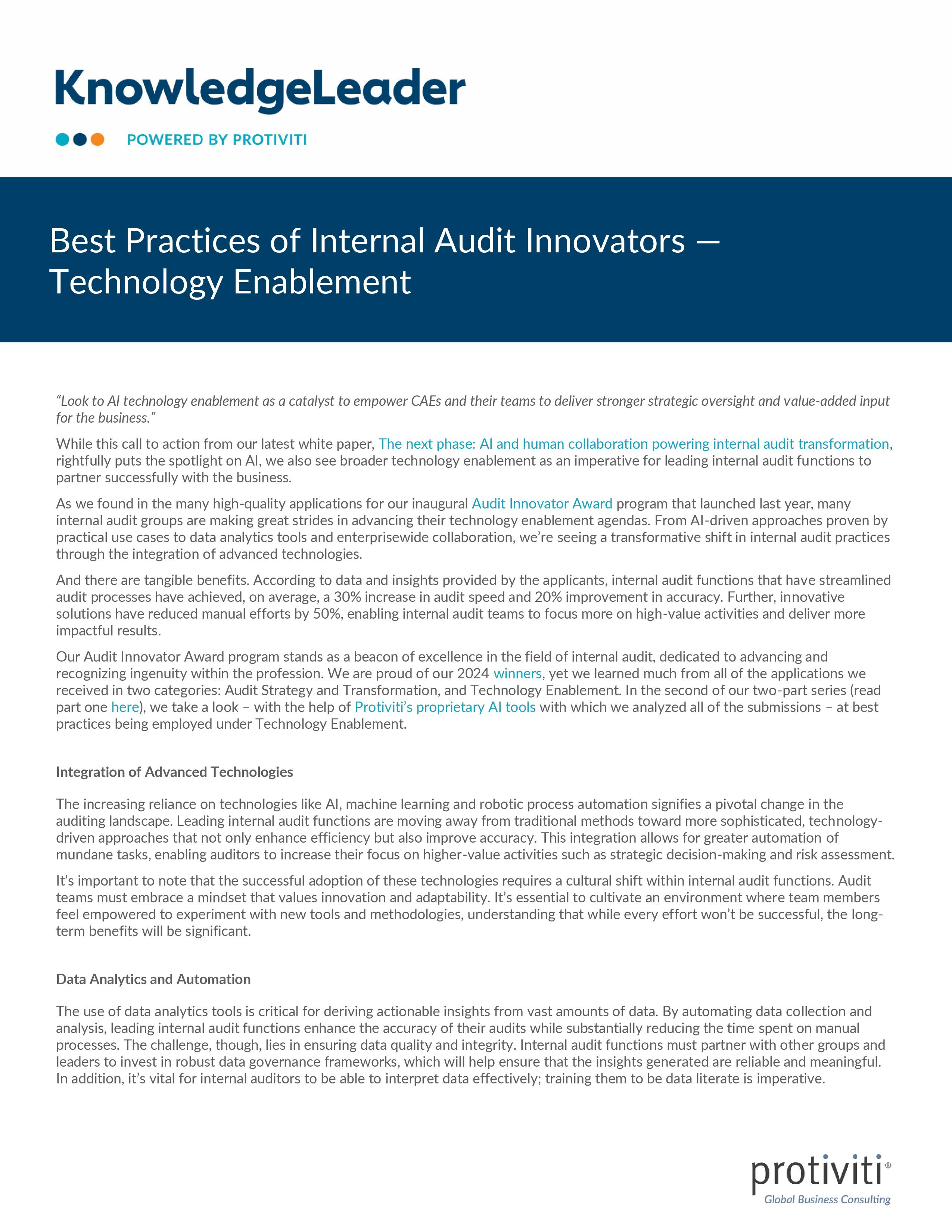 screenshot of the first page of Best Practices of Internal Audit Innovators — Technology Enablement