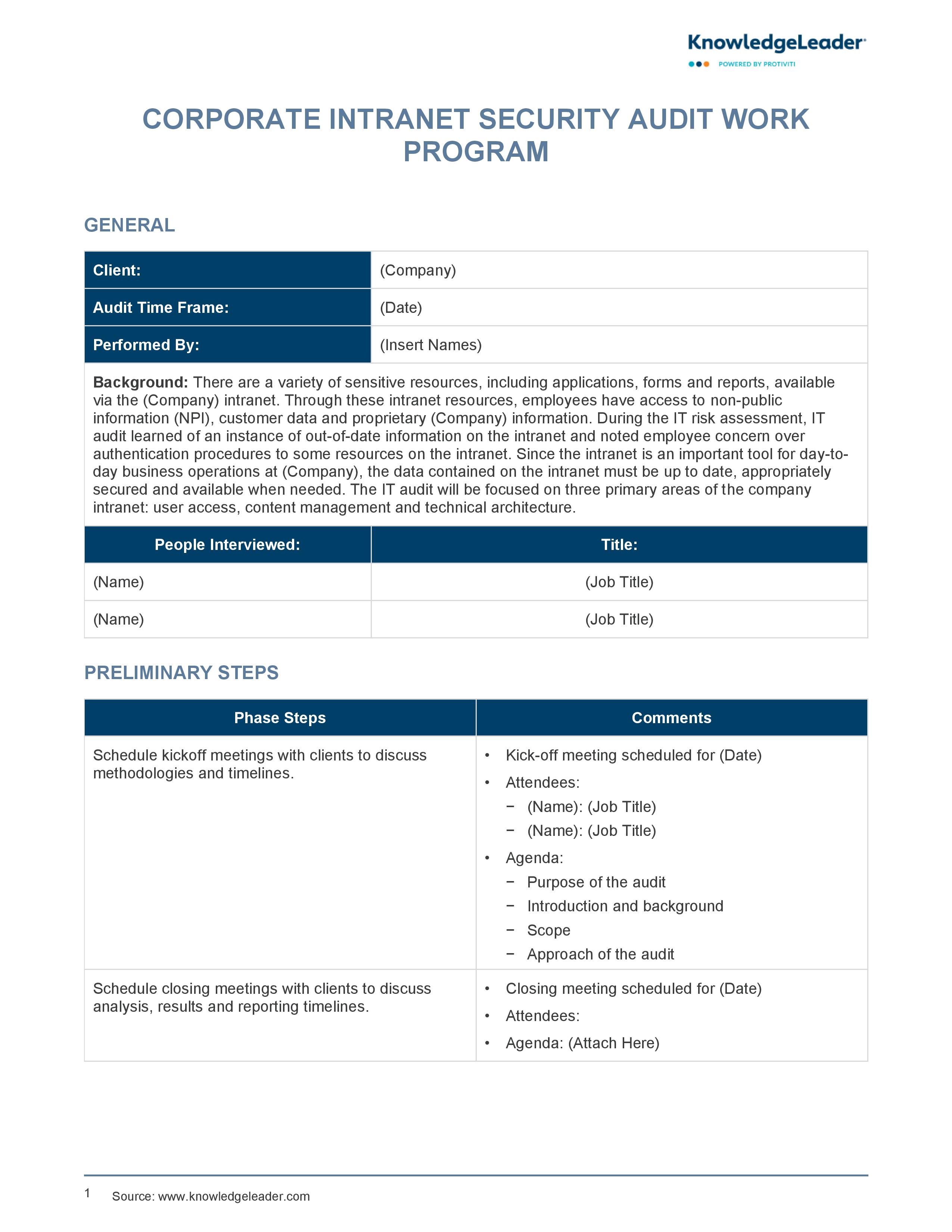 Screenshot of the first page of Corporate Intranet Security Audit Work Program