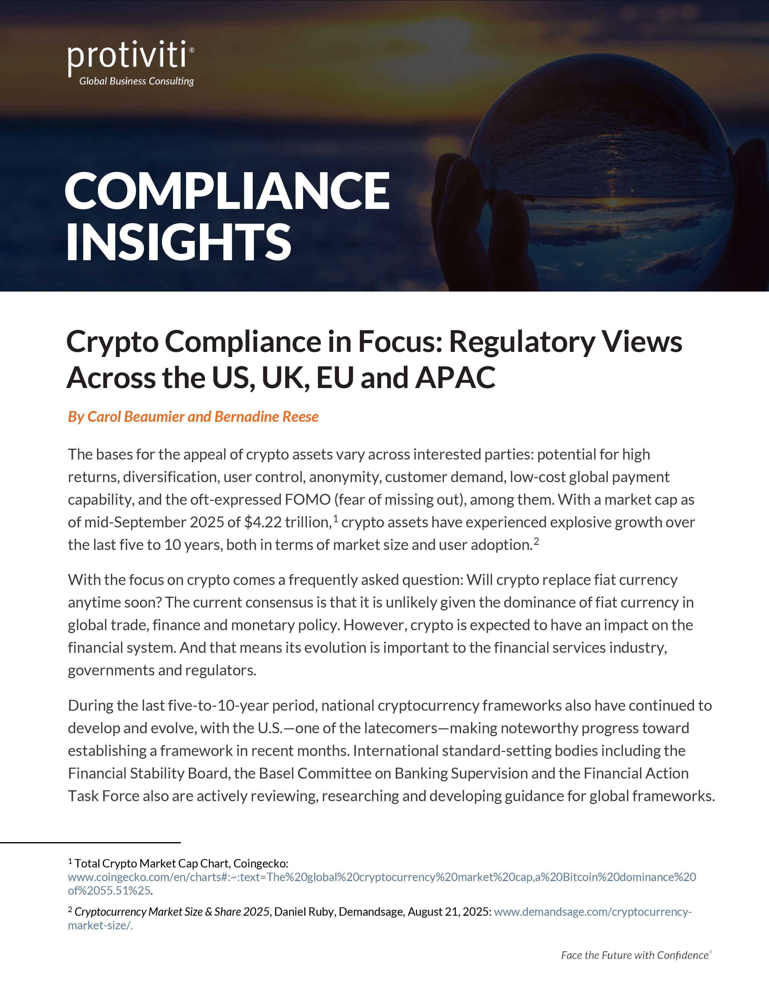 Screenshot of the first page of Crypto Compliance in Focus: Regulatory Views Across the US, UK, EU and APAC