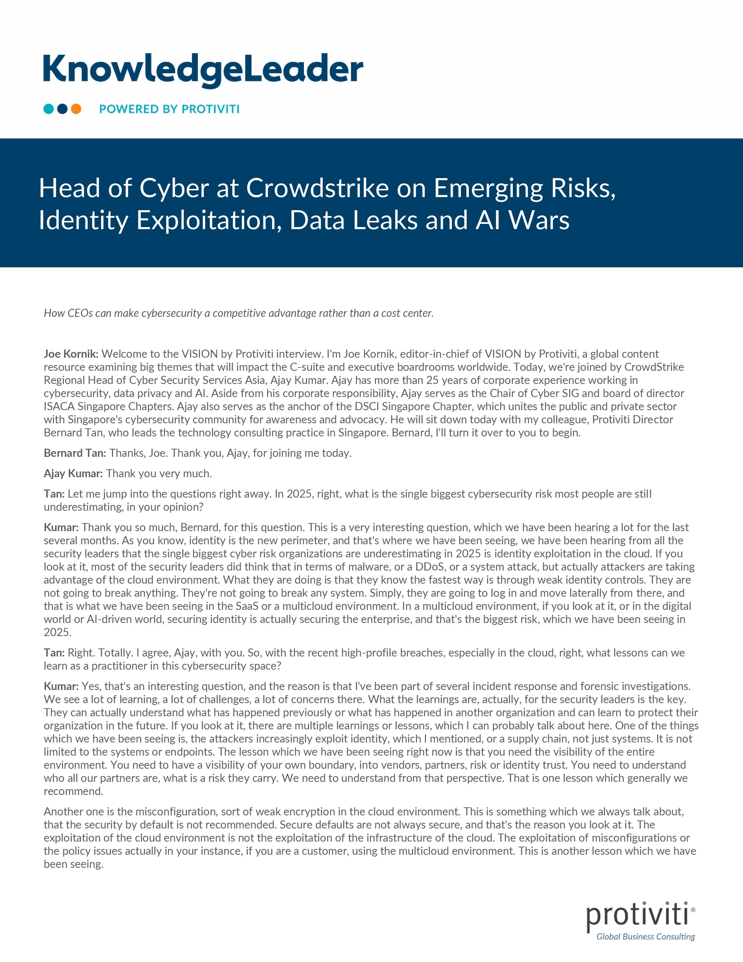 Screenshot of the first page of Head of Cyber at Crowdstrike on Emerging Risks, Identity Exploitation, Data Leaks and AI Wars