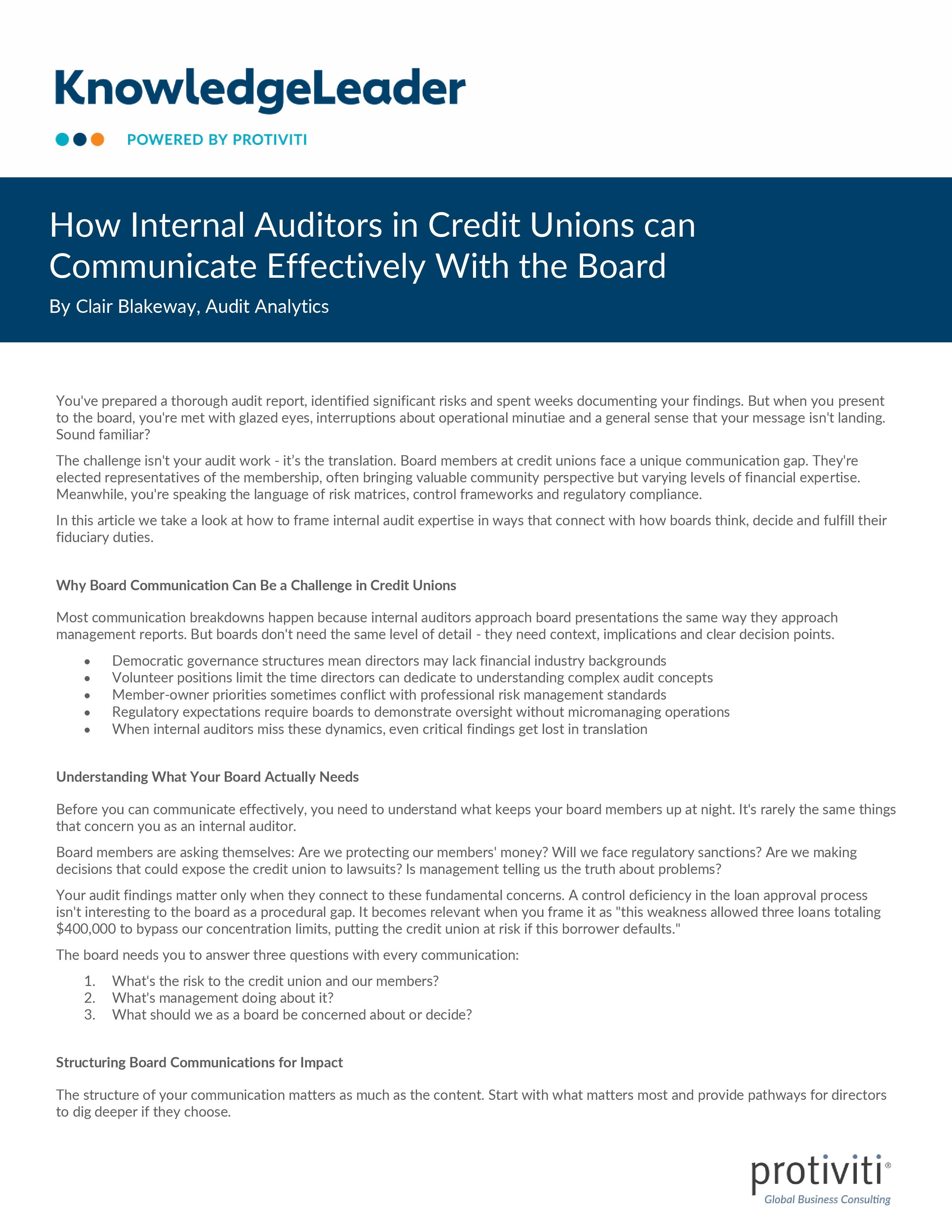 screenshot of the first page of How Internal Auditors in Credit Unions can Communicate Effectively With the Board