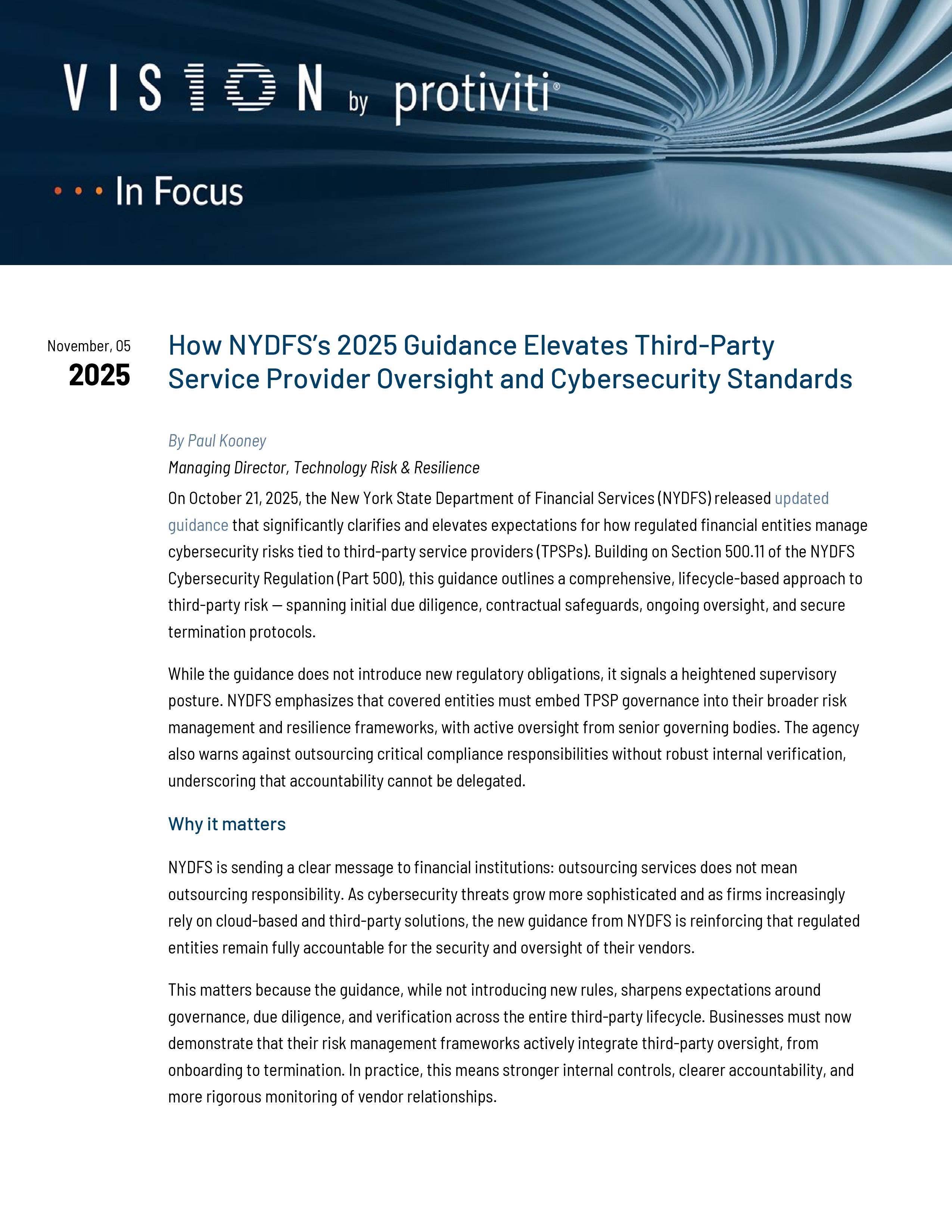 screenshot of the first page of How NYDFS’s 2025 Guidance Elevates Third-Party Service Provider Oversight and Cybersecurity Standards