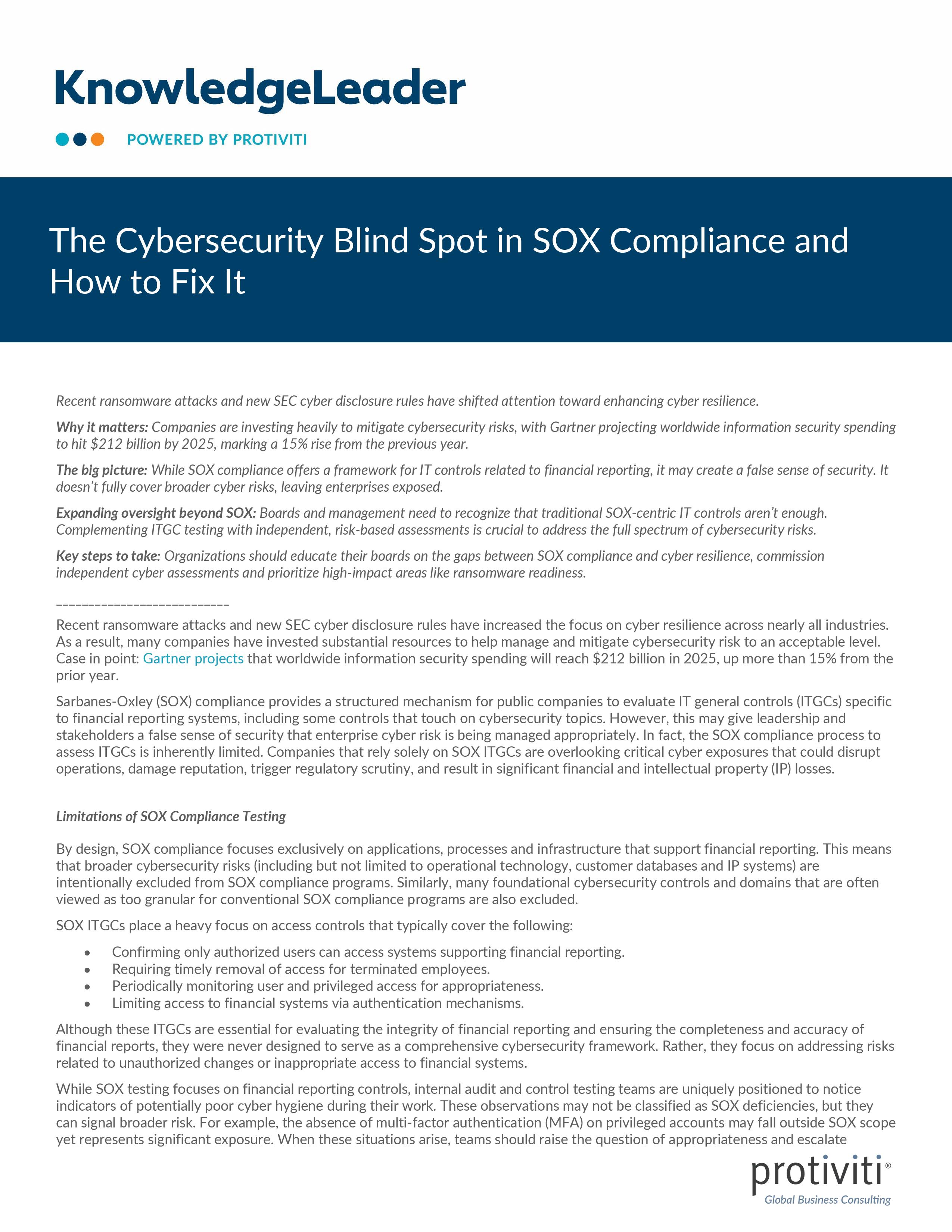 screenshot of the first page of The Cybersecurity Blind Spot in SOX Compliance and How to Fix It